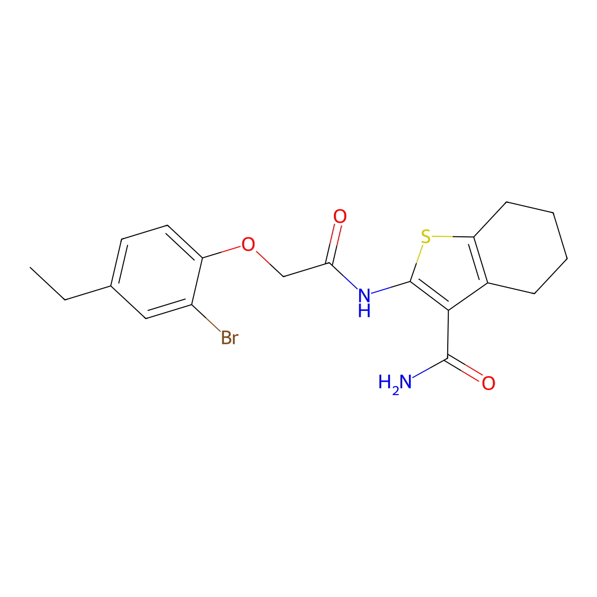 2-{[(2-Bromo-4-ethylphenoxy)acetyl]amino}-4,5,6,7-tetrahydro-1-benzothiophene-3-carboxamide molecular structure, CAS 590400-45-6