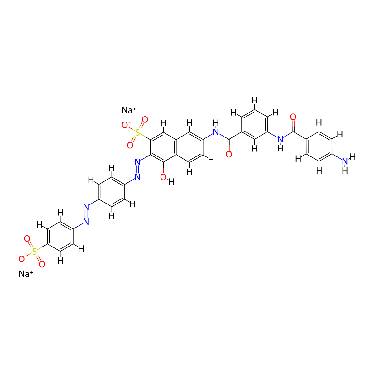 2-Naphthalenesulfonic acid, 7-((3-((4-aminobenzoyl)amino)benzoyl)amino)-4-hydroxy-3-(2-(4-(2-(4-sulfophenyl)diazenyl)phenyl)diazenyl)-, sodium salt (1:2) molecular structure, CAS 5905-22-6