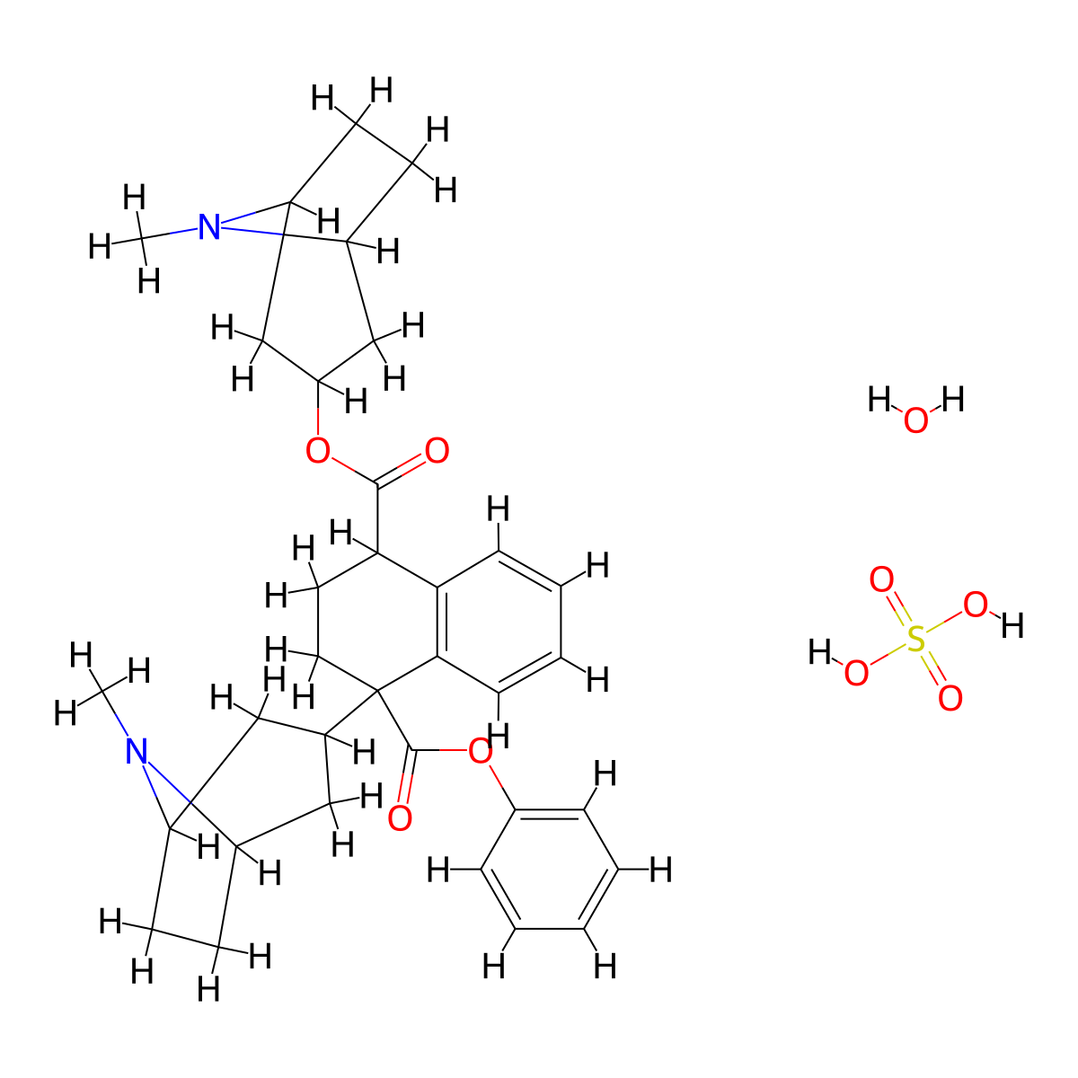 1-O-(8-methyl-8-azabicyclo[3.2.1]octan-3-yl) 4-O-phenyl 4-(8-methyl-8-azabicyclo[3.2.1]octan-3-yl)-2,3-dihydro-1H-naphthalene-1,4-dicarboxylate;sulfuric acid;hydrate molecular structure, CAS 5908-89-4