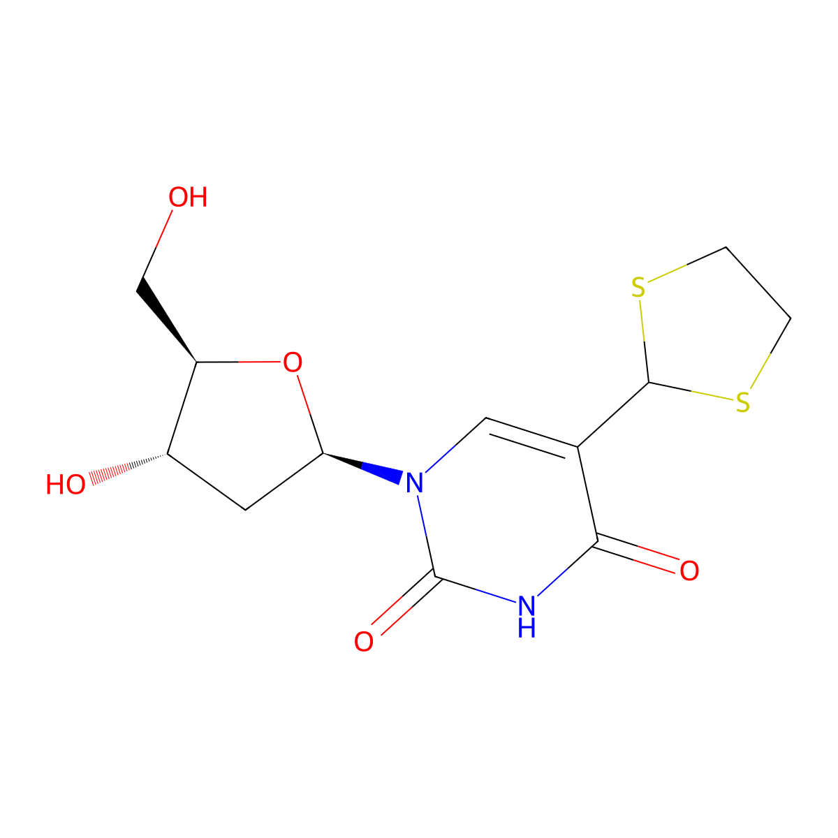 5-(1,3-Dithiolan-2-yl)-1-((2R,4S,5R)-4-hydroxy-5-(hydroxymethyl)tetrahydrofuran-2-yl)pyrimidine-2,4(1H,3H)-dione molecular structure, CAS 59090-53-8