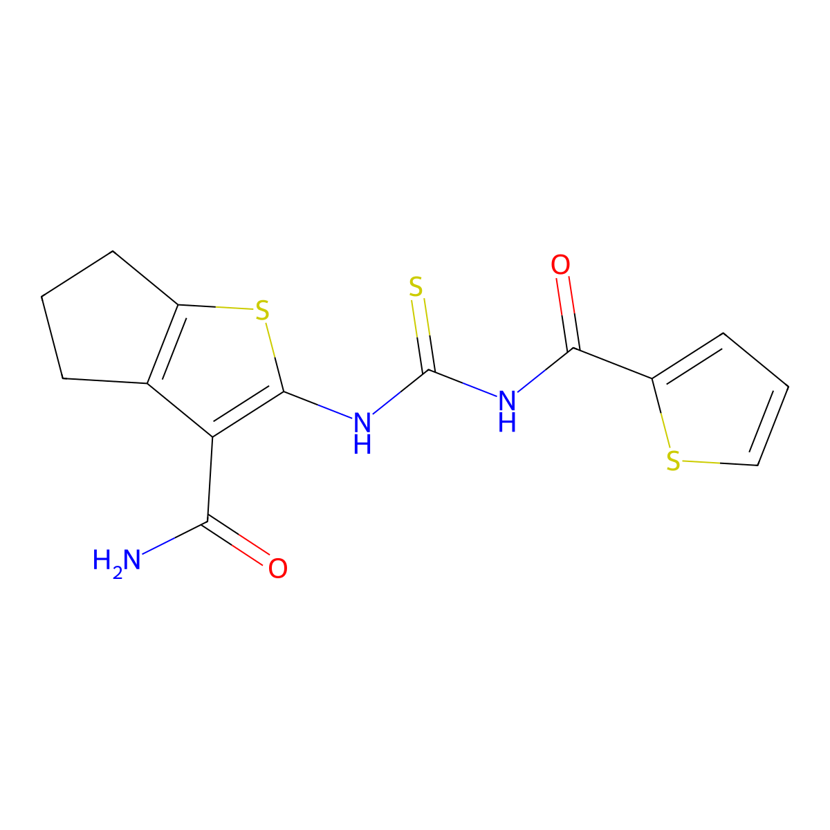 2-(thiophene-2-carbonylcarbamothioylamino)-5,6-dihydro-4H-cyclopenta[b]thiophene-3-carboxamide molecular structure, CAS 591213-33-1