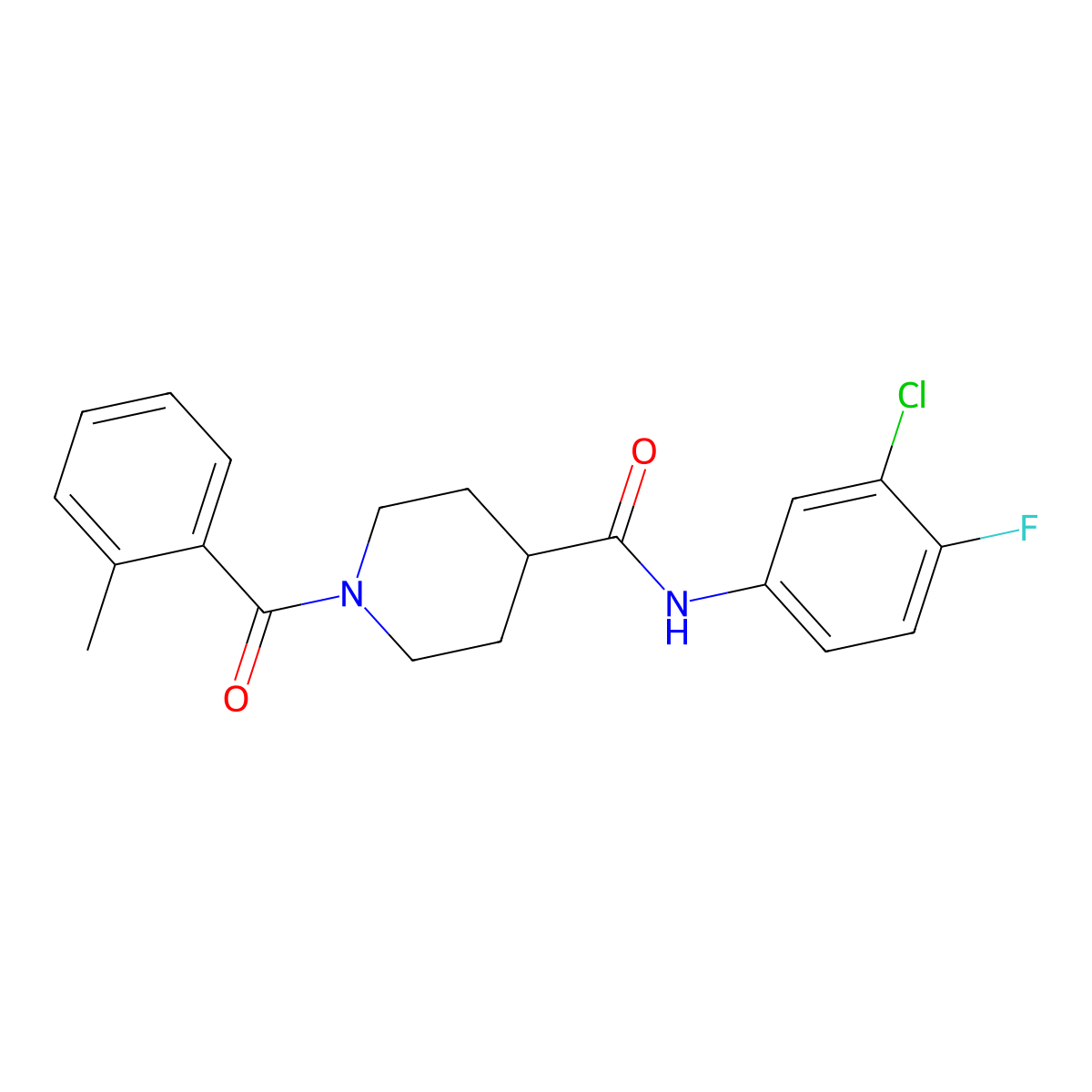 N-(3-chloro-4-fluorophenyl)-1-(2-methylbenzoyl)piperidine-4-carboxamide molecular structure, CAS 591224-72-5