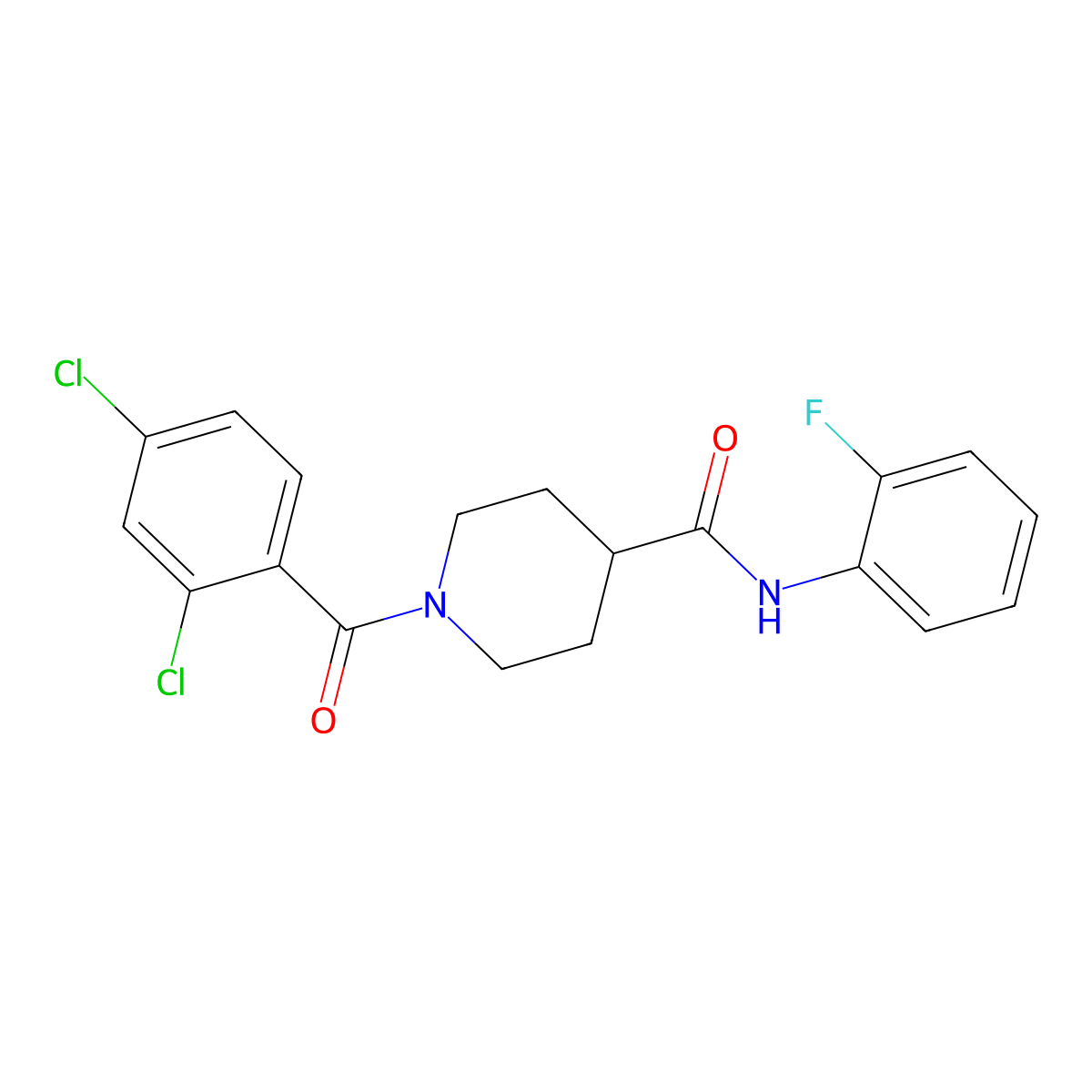 1-(2,4-dichlorobenzoyl)-N-(2-fluorophenyl)piperidine-4-carboxamide molecular structure, CAS 591224-75-8