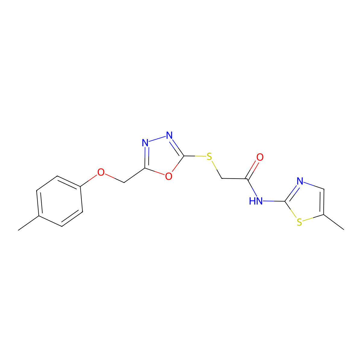 2-({5-[(4-methylphenoxy)methyl]-1,3,4-oxadiazol-2-yl}sulfanyl)-N-(5-methyl-1,3-thiazol-2-yl)acetamide molecular structure, CAS 591225-69-3
