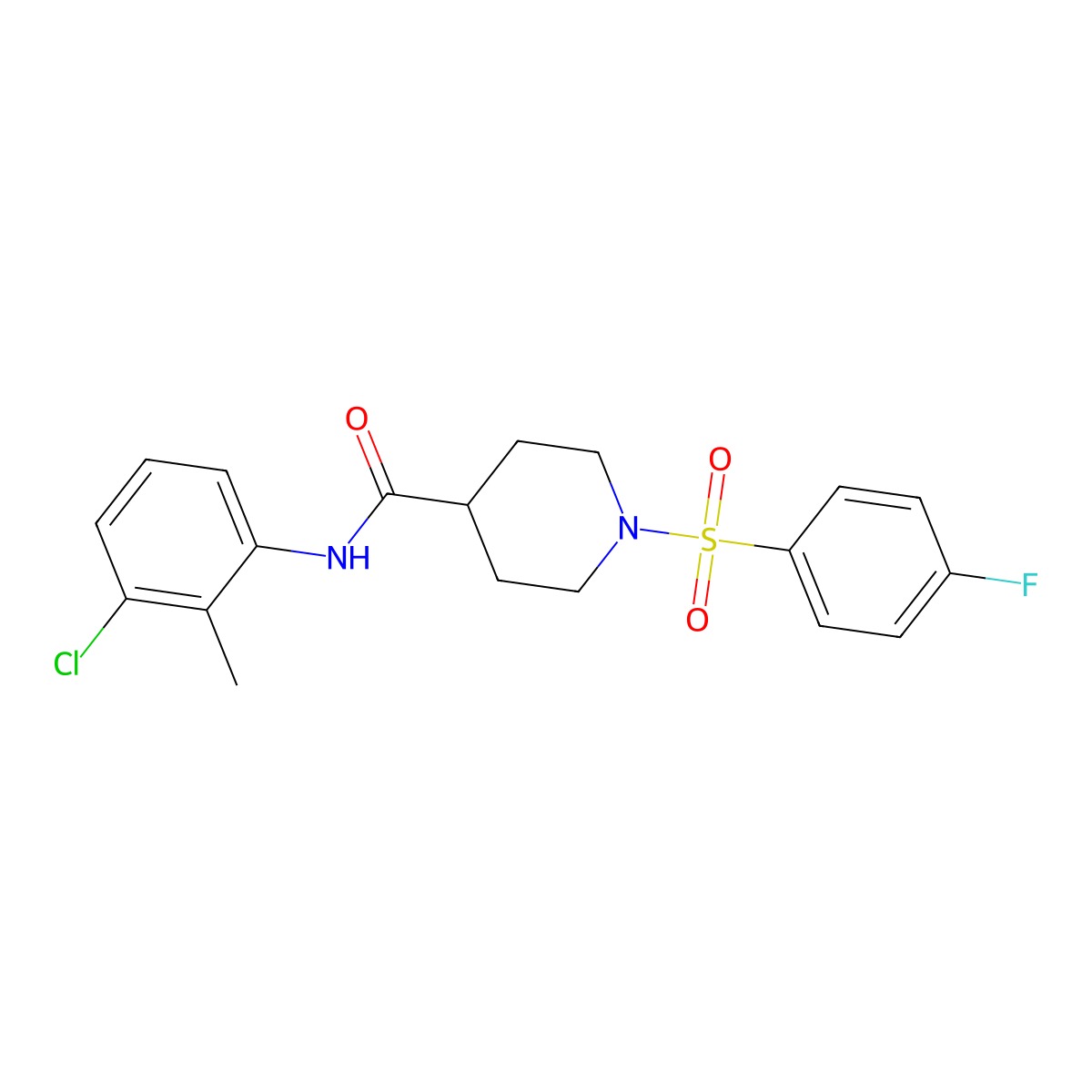 N-(3-chloro-2-methylphenyl)-1-(4-fluorophenyl)sulfonylpiperidine-4-carboxamide molecular structure, CAS 591226-75-4
