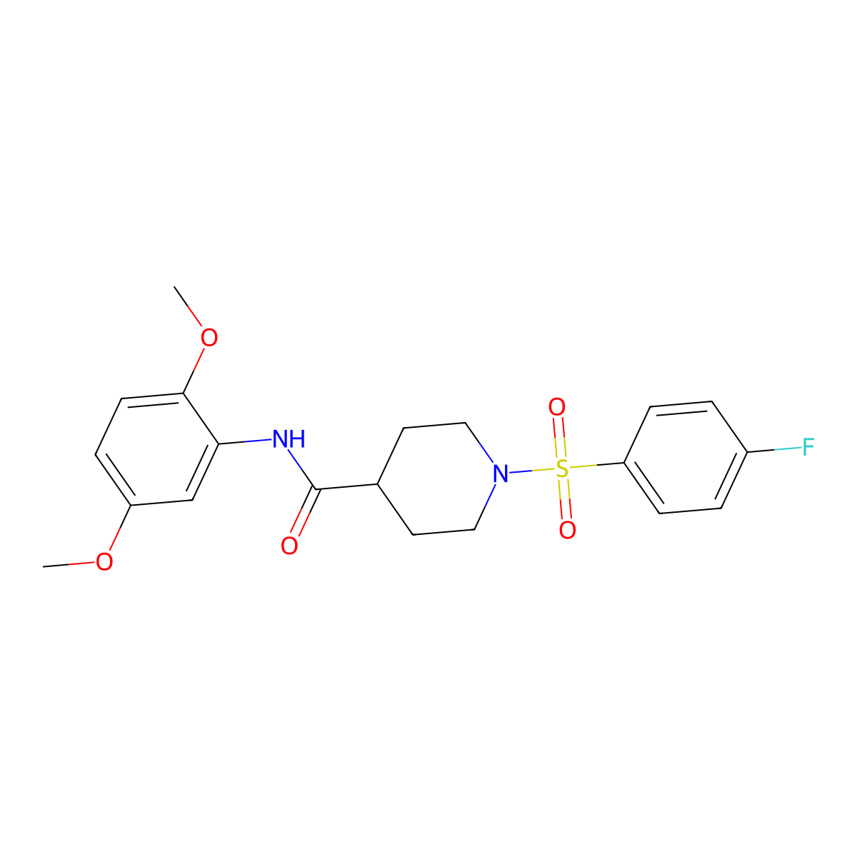 N-(2,5-dimethoxyphenyl)-1-(4-fluorophenyl)sulfonylpiperidine-4-carboxamide molecular structure, CAS 591238-08-3