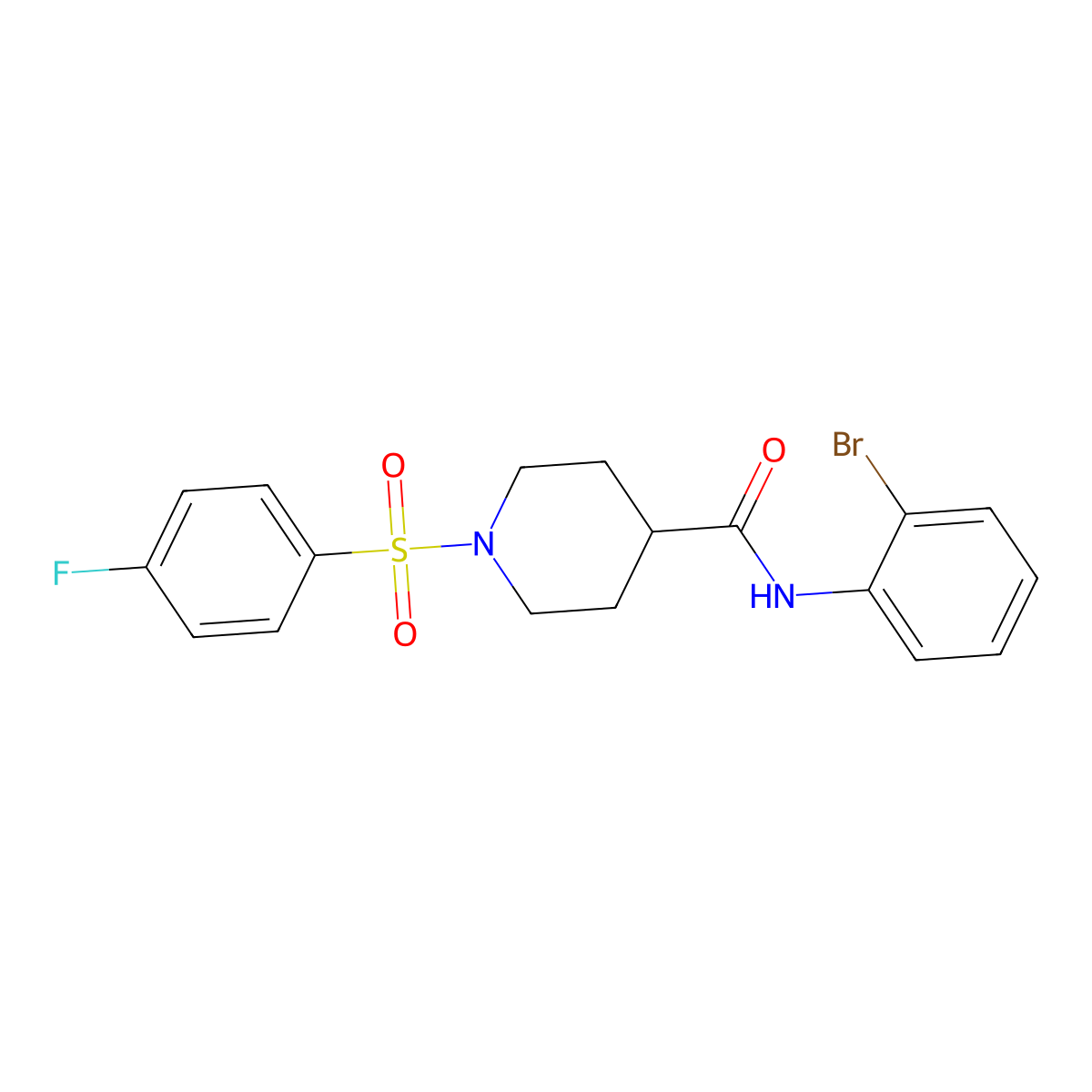 N-(2-bromophenyl)-1-(4-fluorophenyl)sulfonylpiperidine-4-carboxamide molecular structure, CAS 591238-70-9