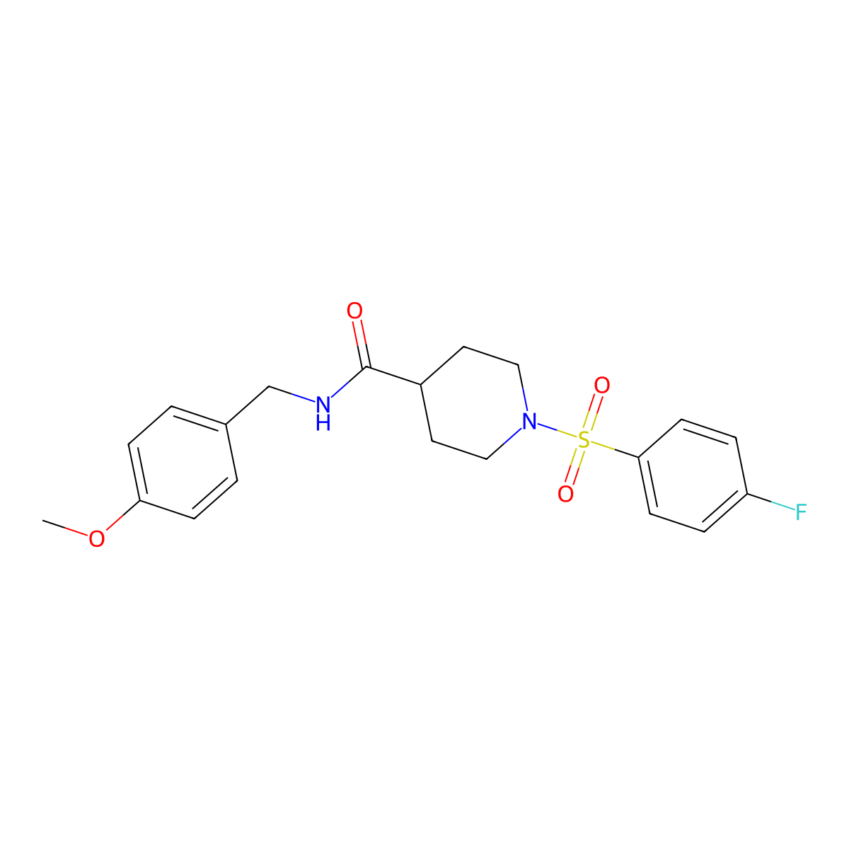 1-(4-fluorophenyl)sulfonyl-N-[(4-methoxyphenyl)methyl]piperidine-4-carboxamide molecular structure, CAS 591238-85-6