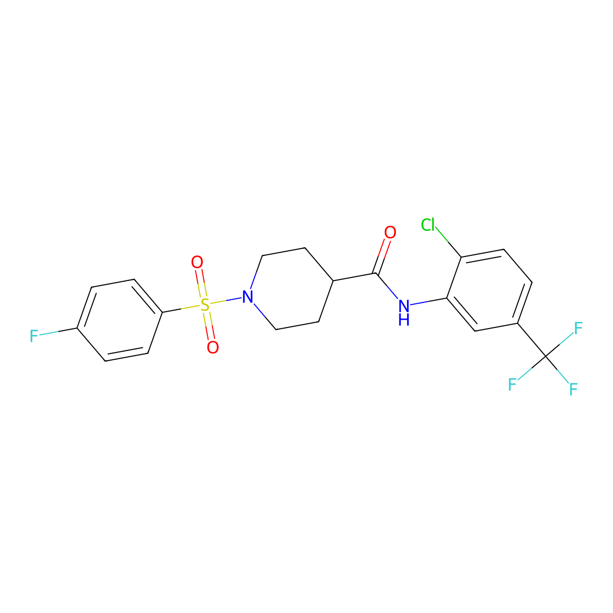 N-[2-chloro-5-(trifluoromethyl)phenyl]-1-(4-fluorophenyl)sulfonylpiperidine-4-carboxamide molecular structure, CAS 591239-05-3