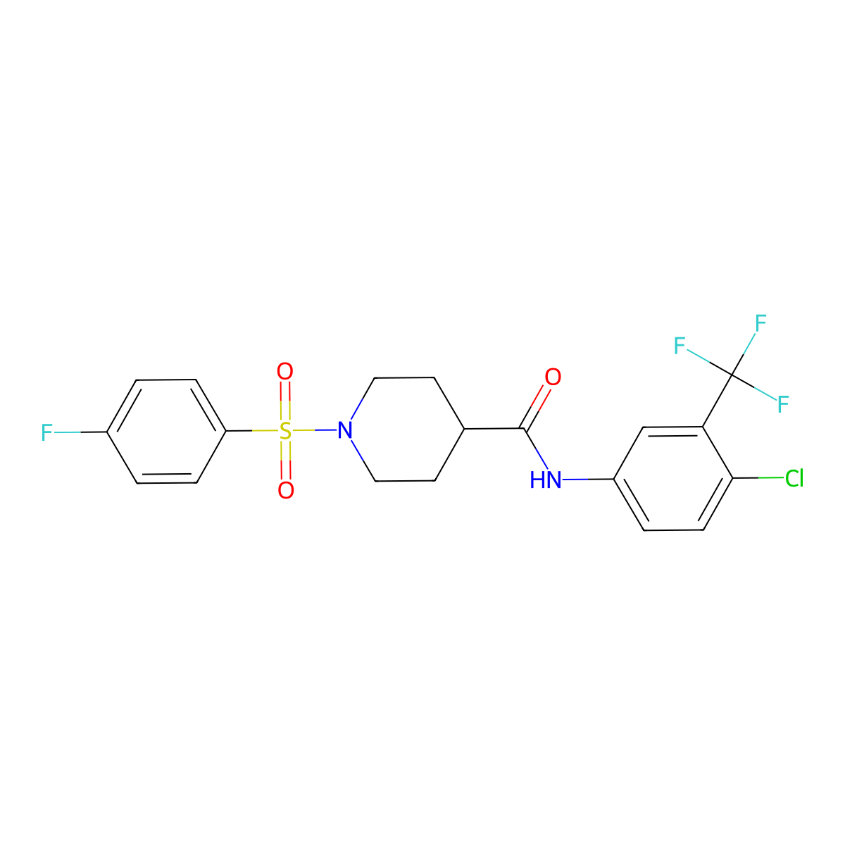 N-[4-chloro-3-(trifluoromethyl)phenyl]-1-(4-fluorophenyl)sulfonylpiperidine-4-carboxamide molecular structure, CAS 591239-29-1