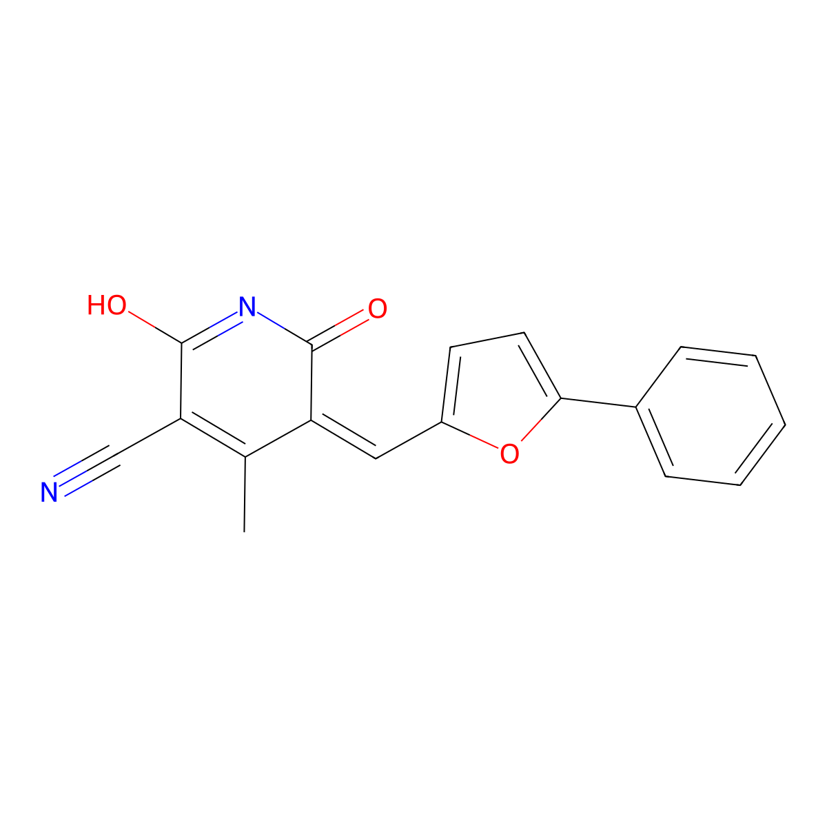 (5Z)-2-hydroxy-4-methyl-6-oxo-5-[(5-phenylfuran-2-yl)methylidene]-5,6-dihydropyridine-3-carbonitrile molecular structure, CAS 591239-68-8