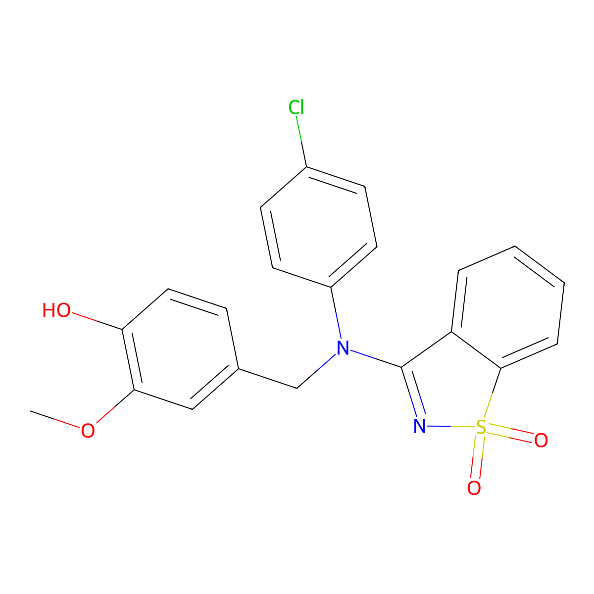 4-{[(4-Chlorophenyl)(1,1-dioxido-1,2-benzisothiazol-3-YL)amino]methyl}-2-methoxyphenol molecular structure, CAS 591242-71-6