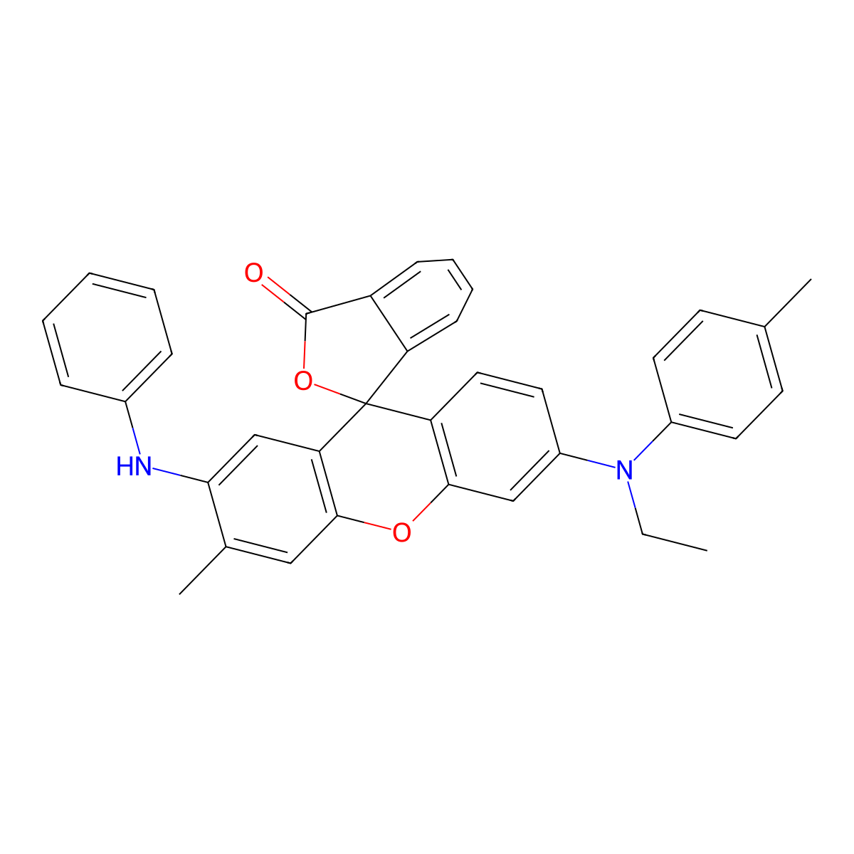 Spiro(isobenzofuran-1(3H),9'-(9H)xanthen)-3-one, 6'-(ethyl(4-methylphenyl)amino)-3'-methyl-2'-(phenylamino)- molecular structure, CAS 59129-79-2