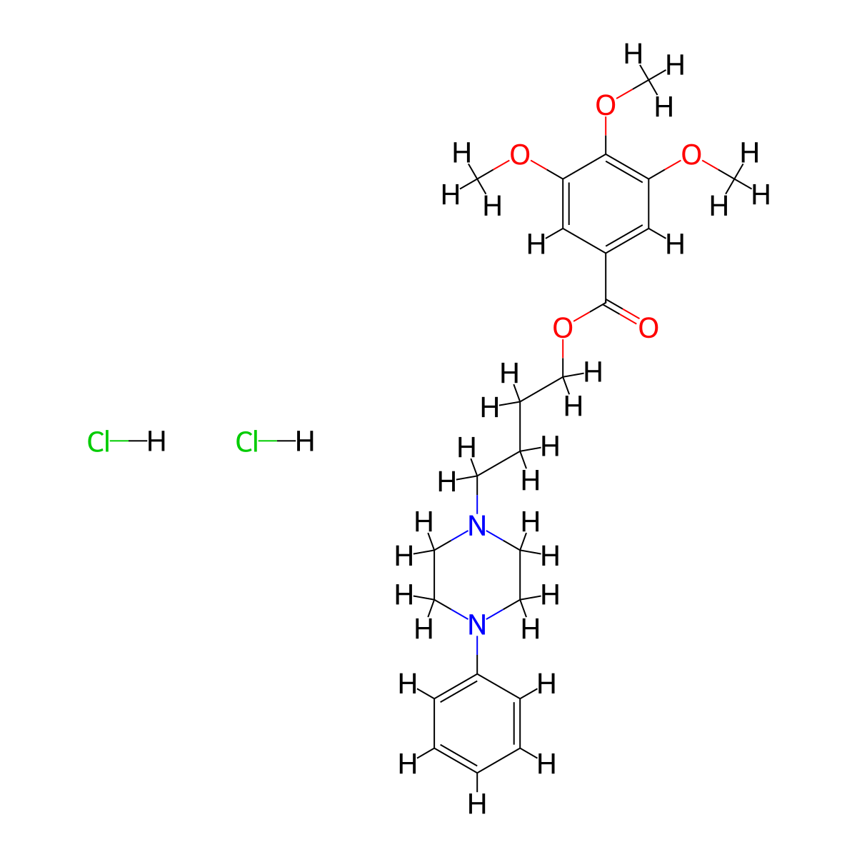 Benzoic acid, 3,4,5-trimethoxy-, 4-(4-phenyl-1-piperazinyl)butyl ester, dihydrochloride molecular structure, CAS 5914-66-9
