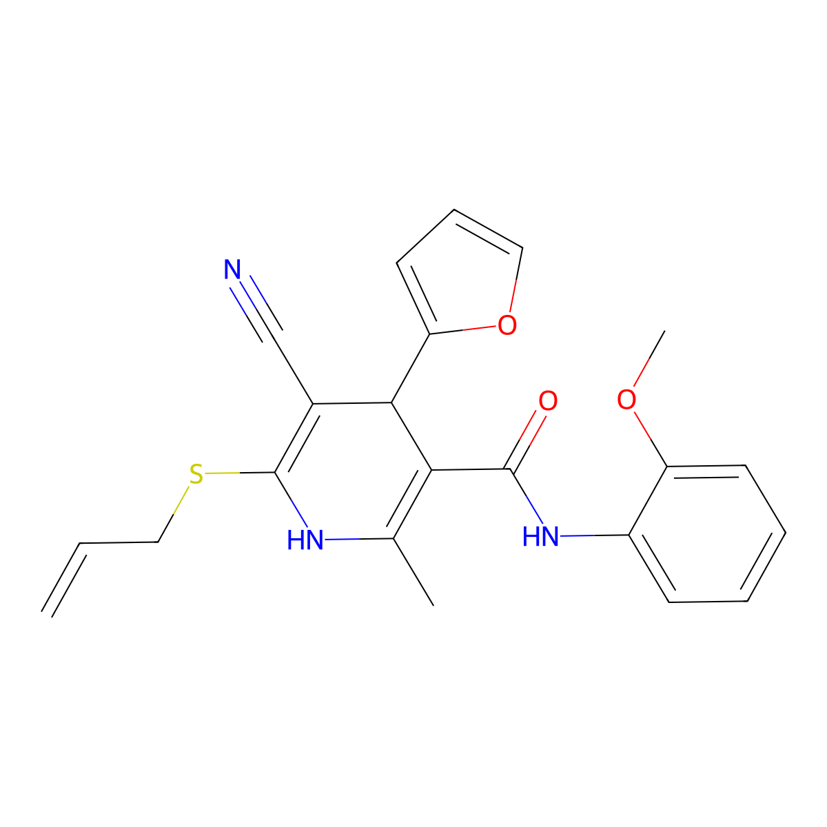 5-cyano-4-(furan-2-yl)-N-(2-methoxyphenyl)-2-methyl-6-(prop-2-en-1-ylsulfanyl)-1,4-dihydropyridine-3-carboxamide molecular structure, CAS 5915-39-9