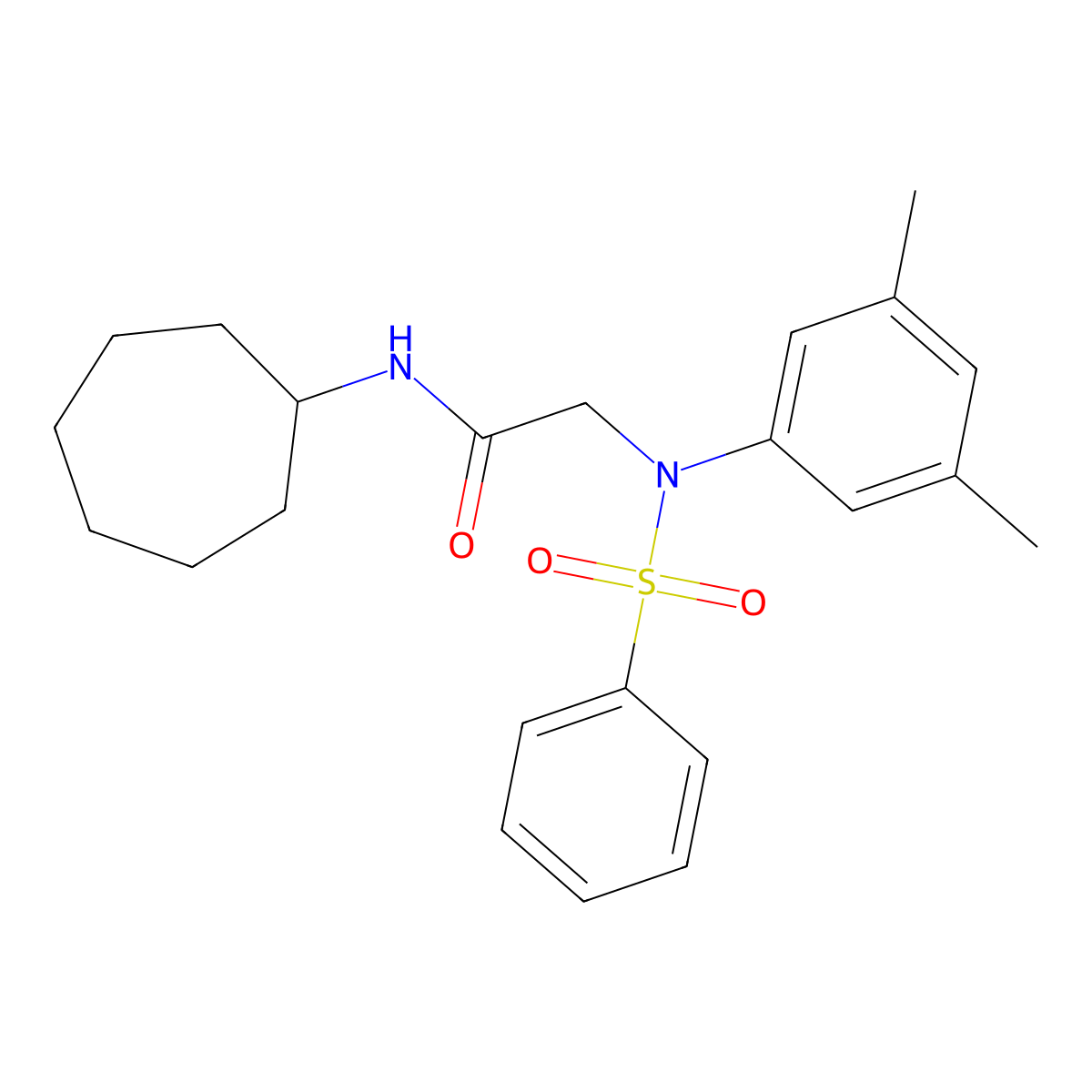 2-[N-(benzenesulfonyl)-3,5-dimethylanilino]-N-cycloheptylacetamide molecular structure, CAS 591723-26-1