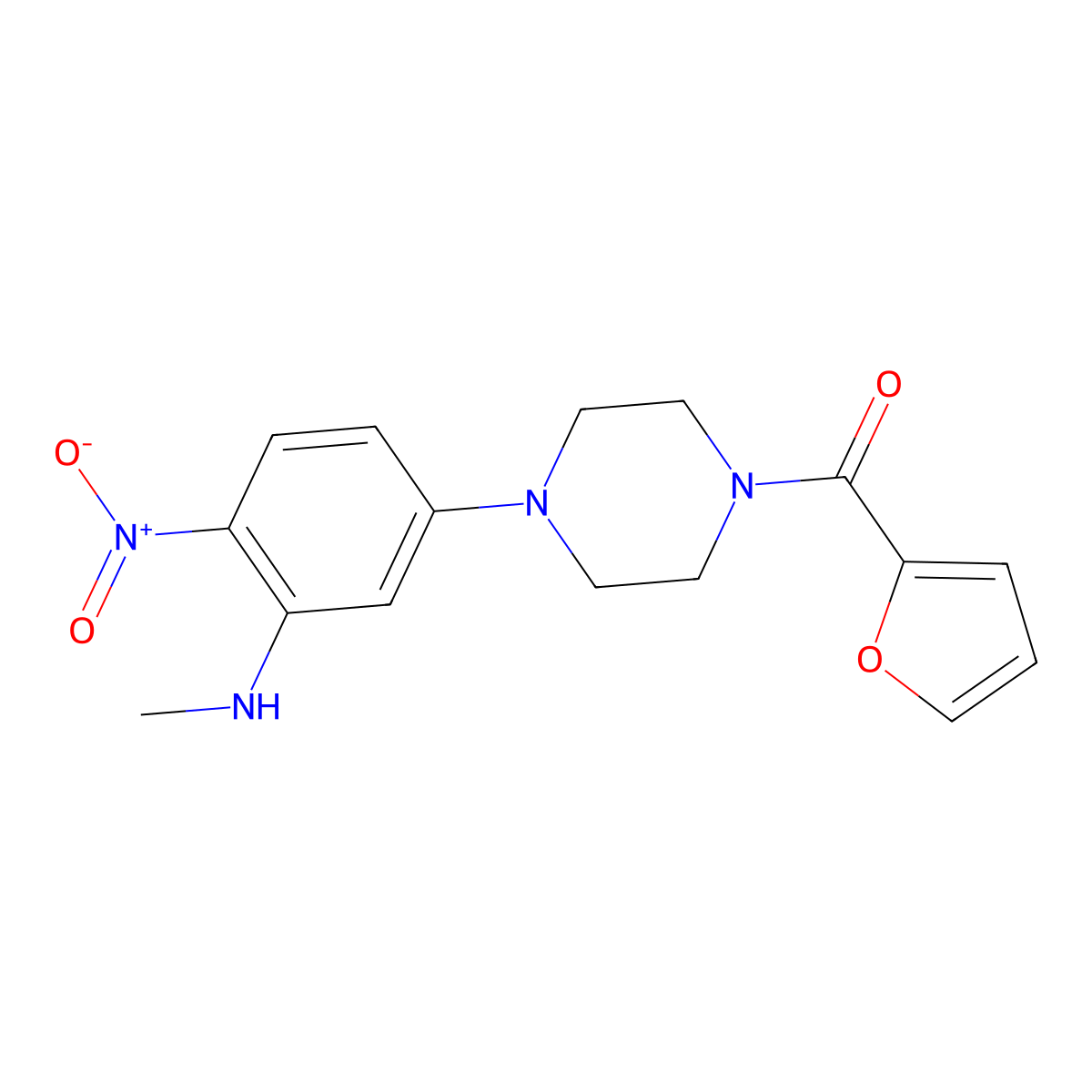 Furan-2-yl-[4-[3-(methylamino)-4-nitrophenyl]piperazin-1-yl]methanone molecular structure, CAS 591726-86-2