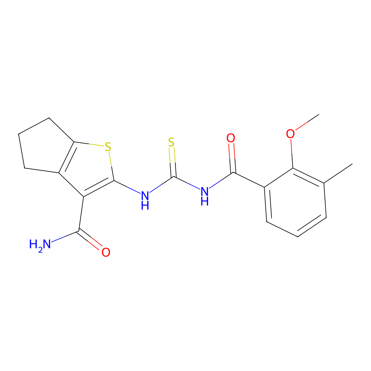 2-[(2-methoxy-3-methylbenzoyl)carbamothioylamino]-5,6-dihydro-4H-cyclopenta[b]thiophene-3-carboxamide molecular structure, CAS 591735-25-0
