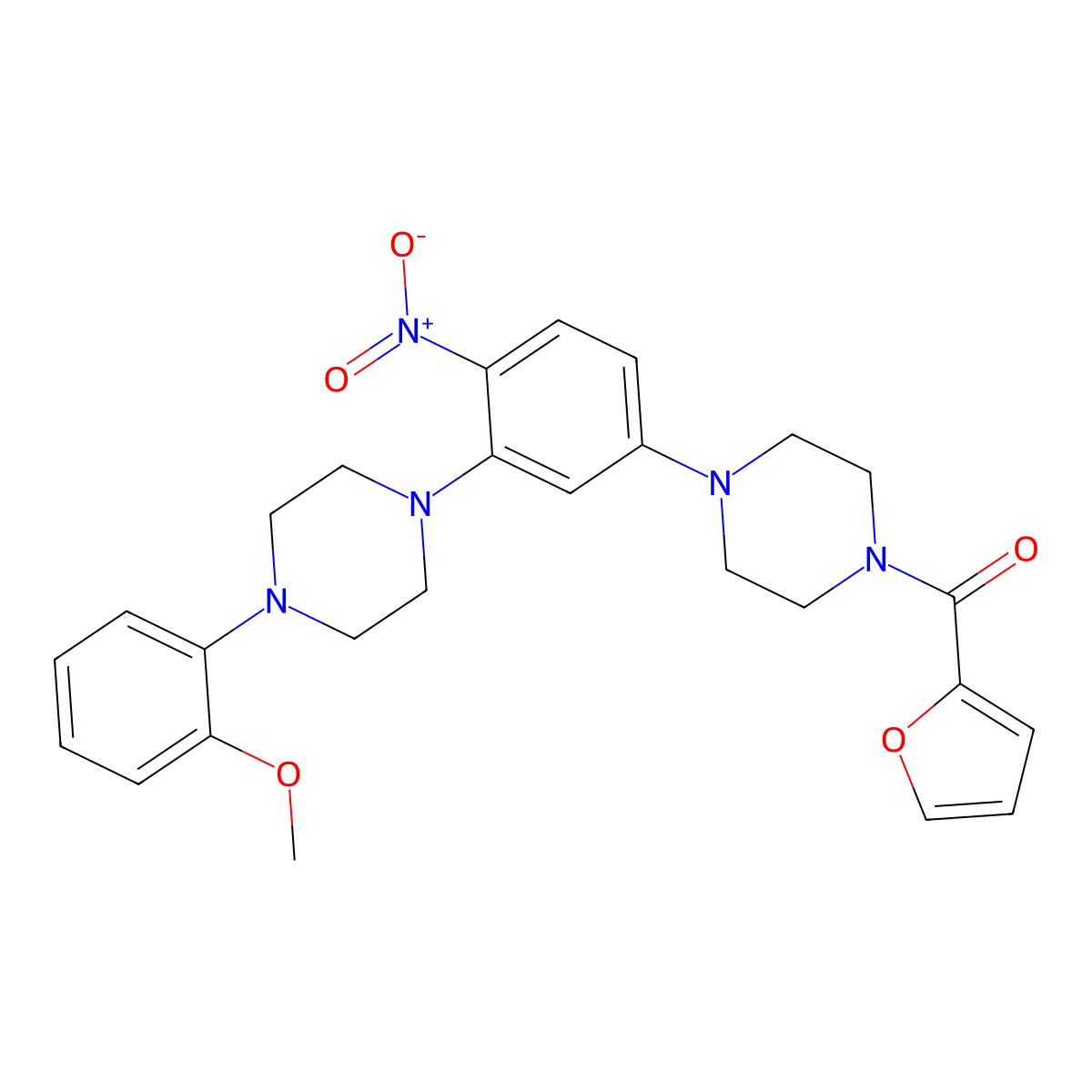 Furan-2-yl-[4-[3-[4-(2-methoxyphenyl)piperazin-1-yl]-4-nitrophenyl]piperazin-1-yl]methanone molecular structure, CAS 591736-00-4