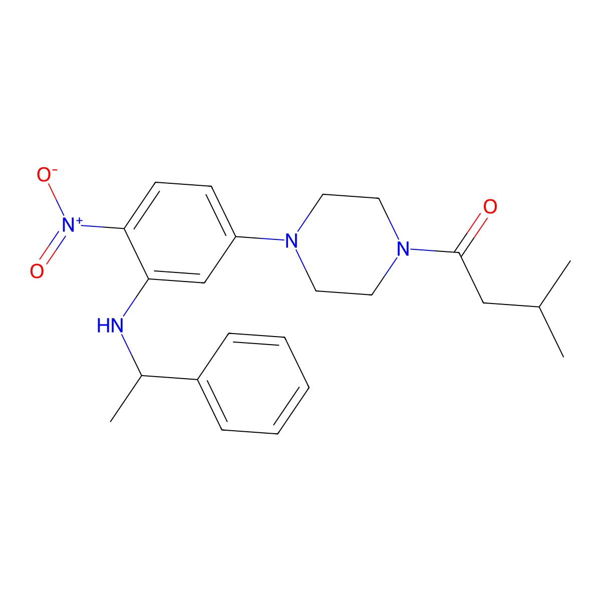 3-Methyl-1-[4-[4-nitro-3-(1-phenylethylamino)phenyl]piperazin-1-yl]butan-1-one molecular structure, CAS 591736-21-9