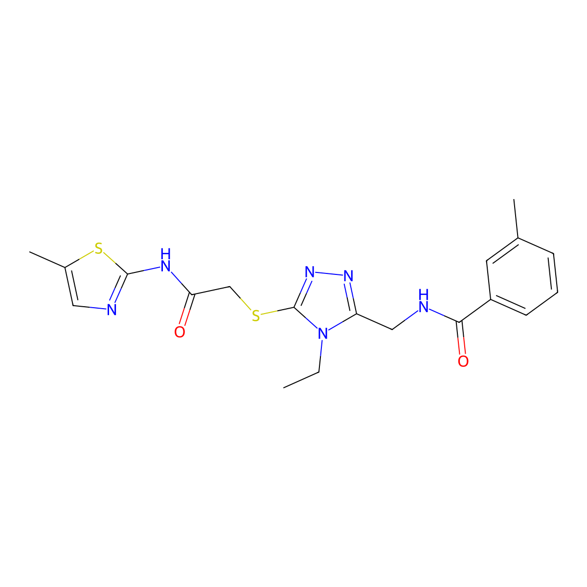 N-[[4-ethyl-5-[2-[(5-methyl-1,3-thiazol-2-yl)amino]-2-oxoethyl]sulfanyl-1,2,4-triazol-3-yl]methyl]-3-methylbenzamide molecular structure, CAS 591760-92-8
