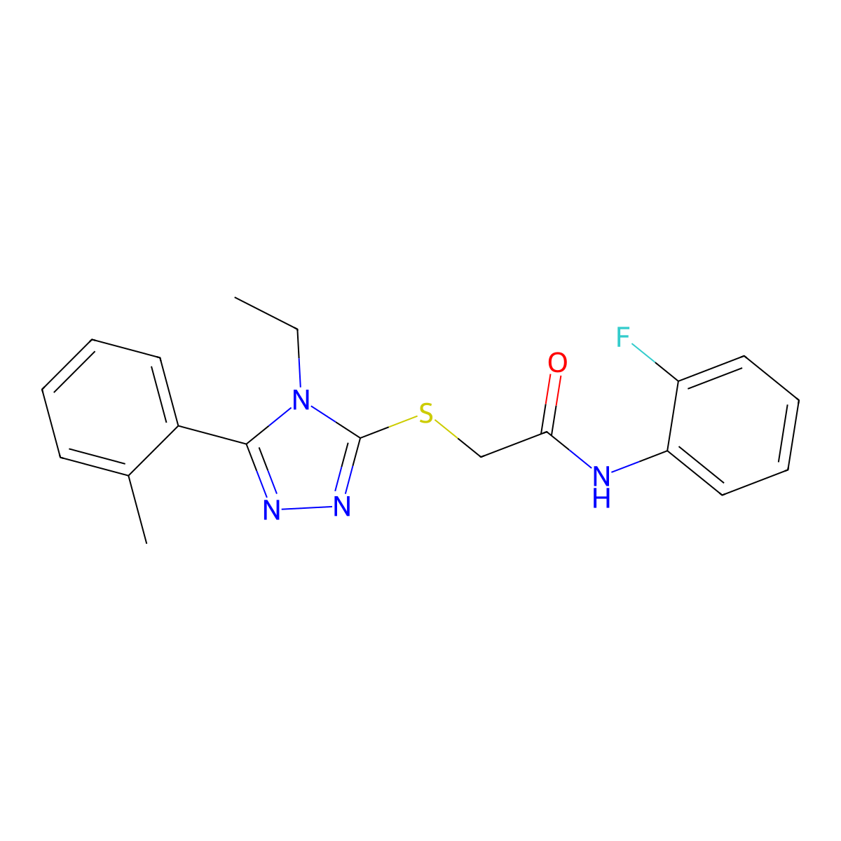 2-[[4-ethyl-5-(2-methylphenyl)-1,2,4-triazol-3-yl]sulfanyl]-N-(2-fluorophenyl)acetamide molecular structure, CAS 591761-58-9
