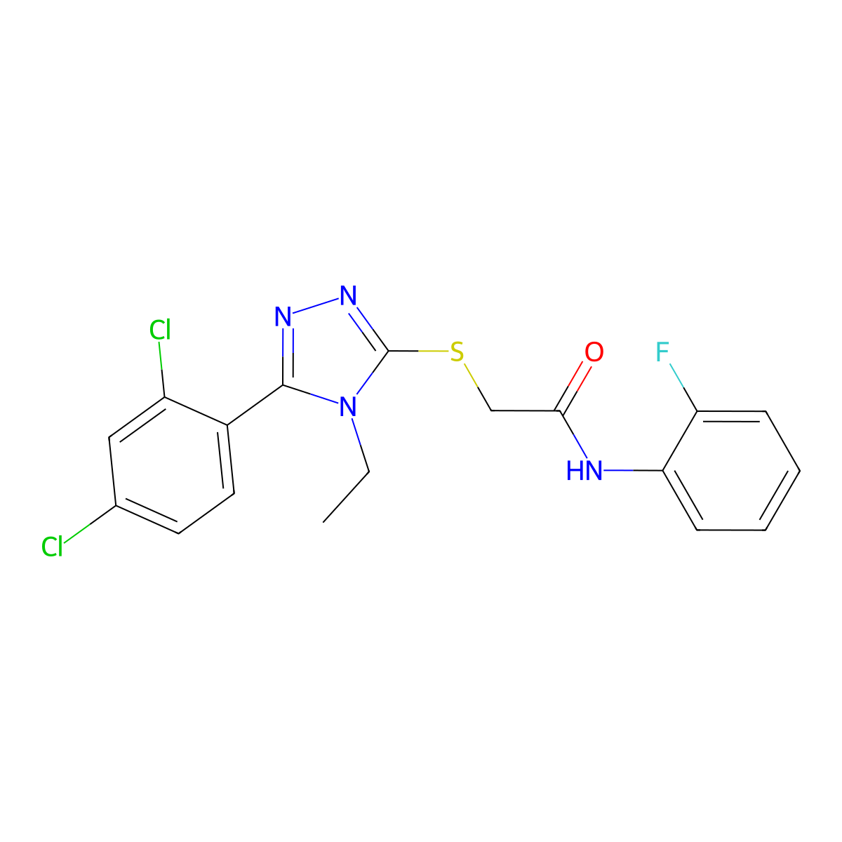 2-[[5-(2,4-dichlorophenyl)-4-ethyl-1,2,4-triazol-3-yl]sulfanyl]-N-(2-fluorophenyl)acetamide molecular structure, CAS 591761-66-9