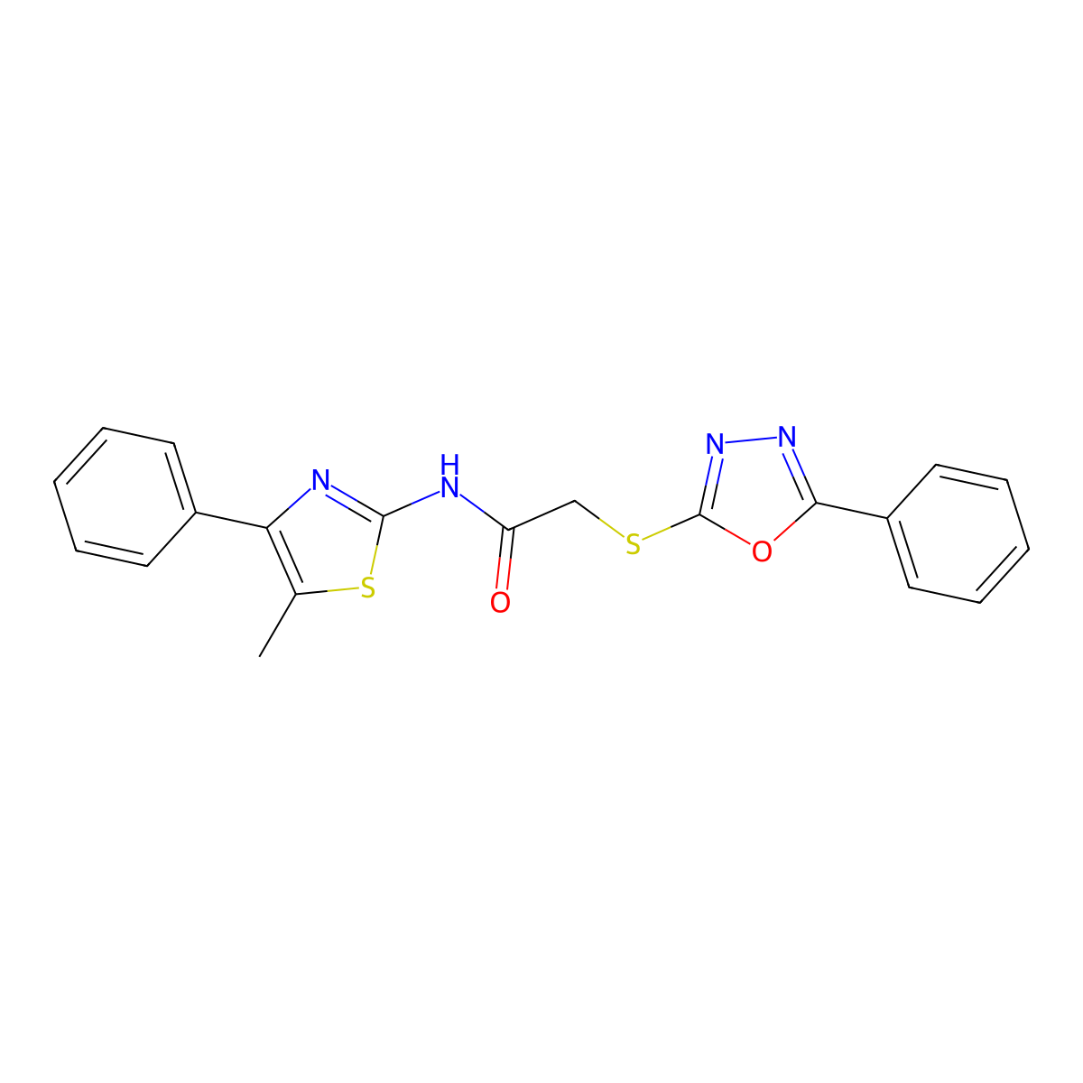 N-(5-methyl-4-phenyl-1,3-thiazol-2-yl)-2-[(5-phenyl-1,3,4-oxadiazol-2-yl)sulfanyl]acetamide molecular structure, CAS 591761-70-5