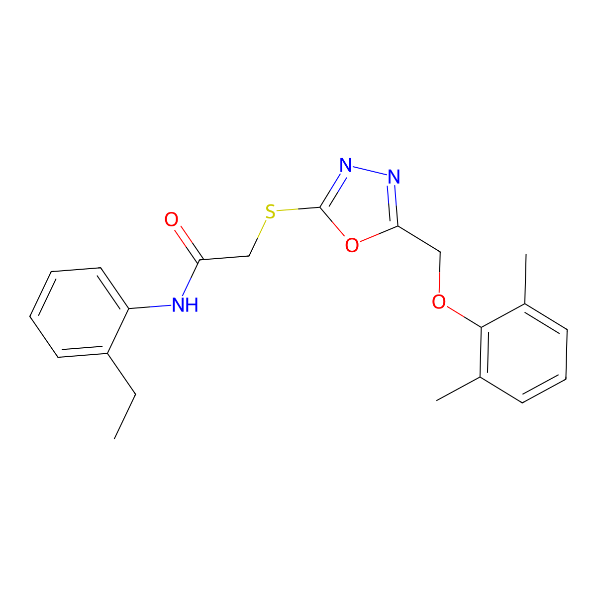 2-({5-[(2,6-dimethylphenoxy)methyl]-1,3,4-oxadiazol-2-yl}sulfanyl)-N-(2-ethylphenyl)acetamide molecular structure, CAS 591761-72-7