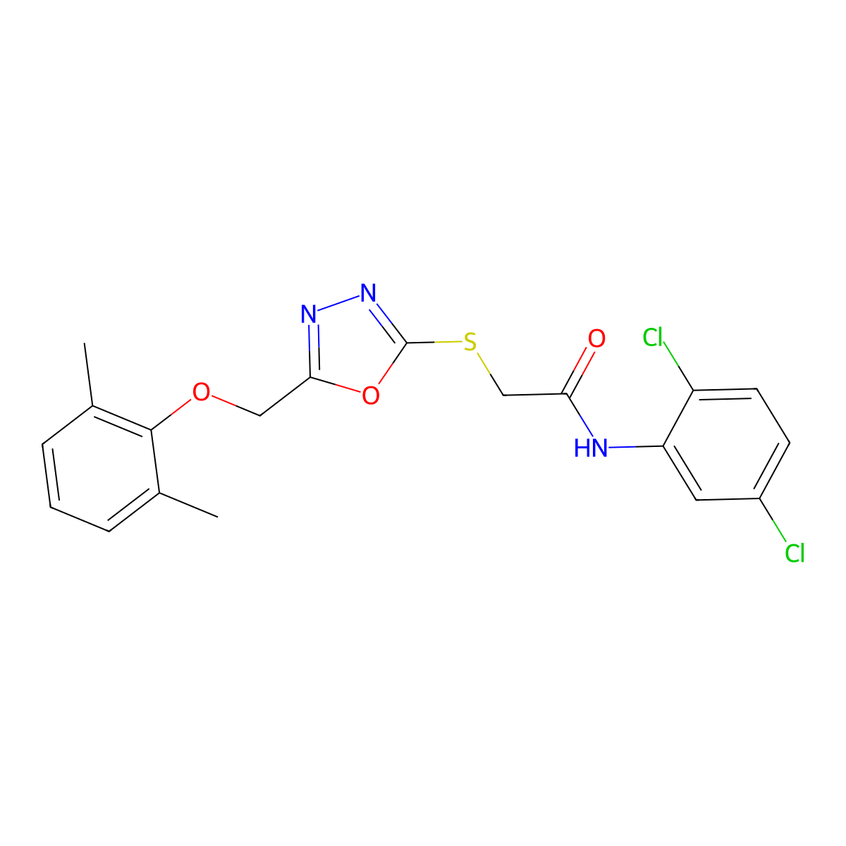 N-(2,5-dichlorophenyl)-2-({5-[(2,6-dimethylphenoxy)methyl]-1,3,4-oxadiazol-2-yl}sulfanyl)acetamide molecular structure, CAS 591761-73-8