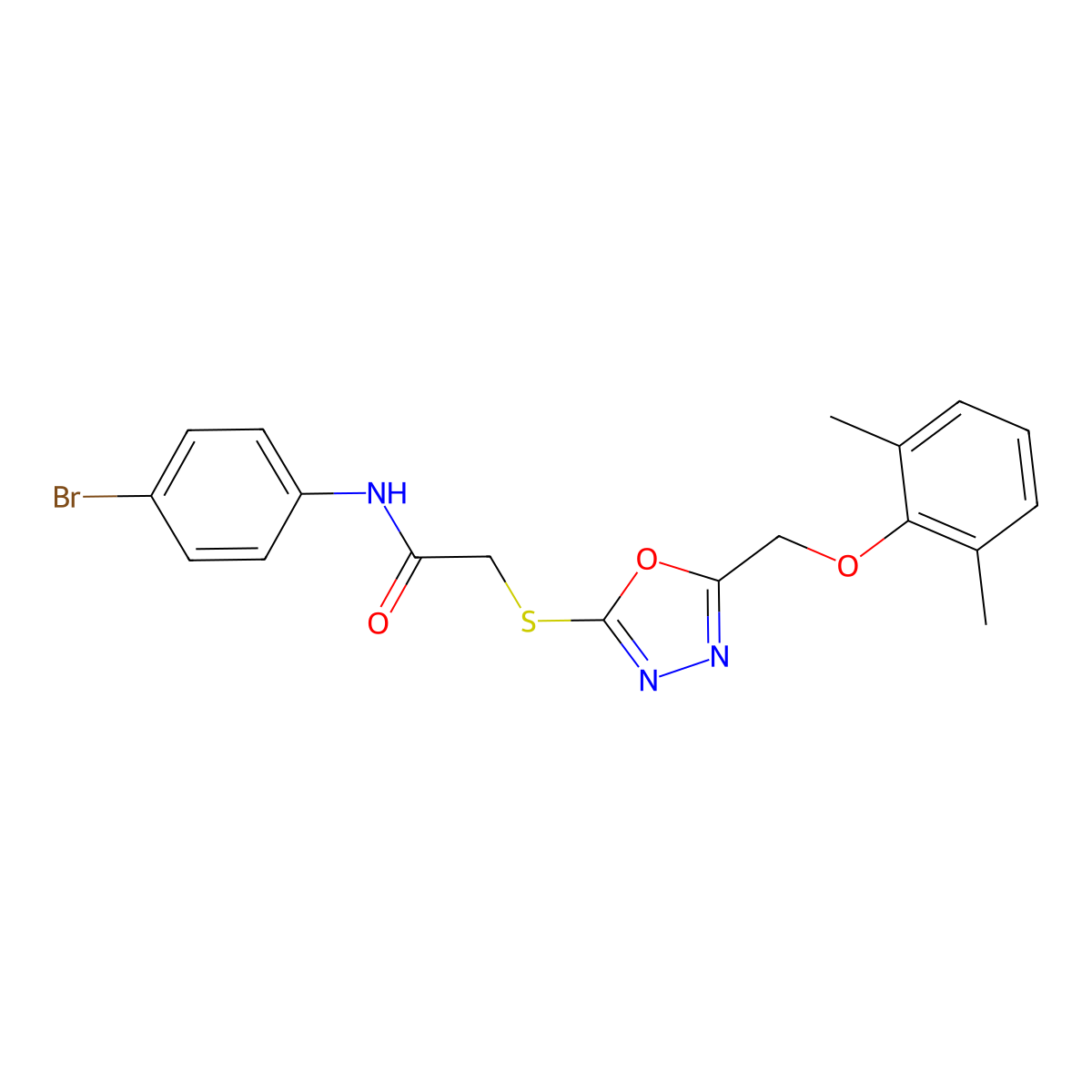 N-(4-bromophenyl)-2-({5-[(2,6-dimethylphenoxy)methyl]-1,3,4-oxadiazol-2-yl}sulfanyl)acetamide molecular structure, CAS 591761-74-9