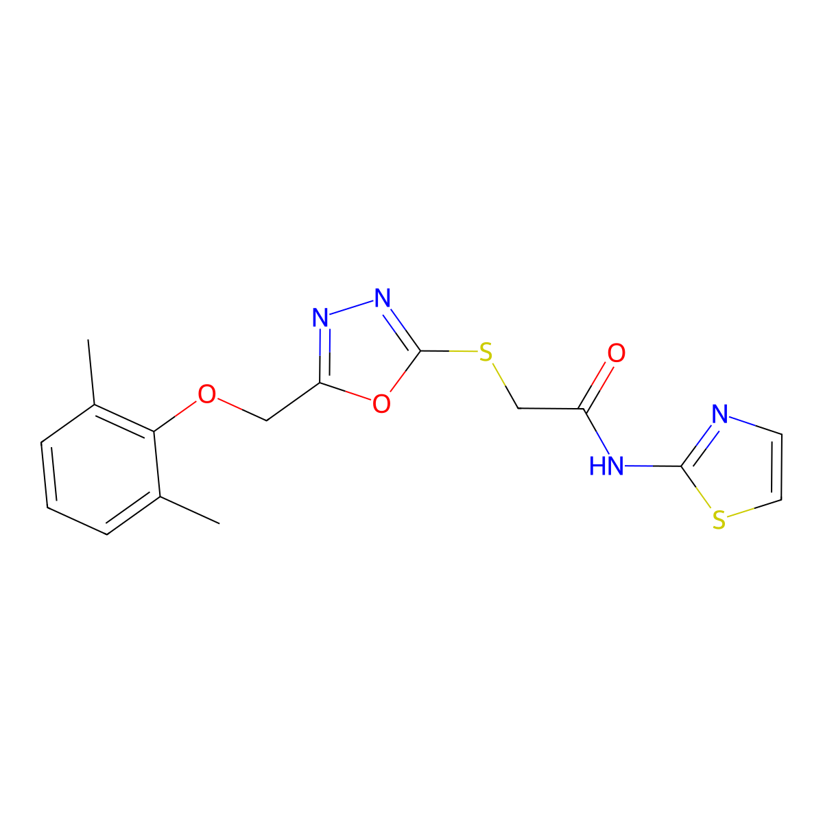 2-({5-[(2,6-dimethylphenoxy)methyl]-1,3,4-oxadiazol-2-yl}sulfanyl)-N-(1,3-thiazol-2-yl)acetamide molecular structure, CAS 591761-76-1