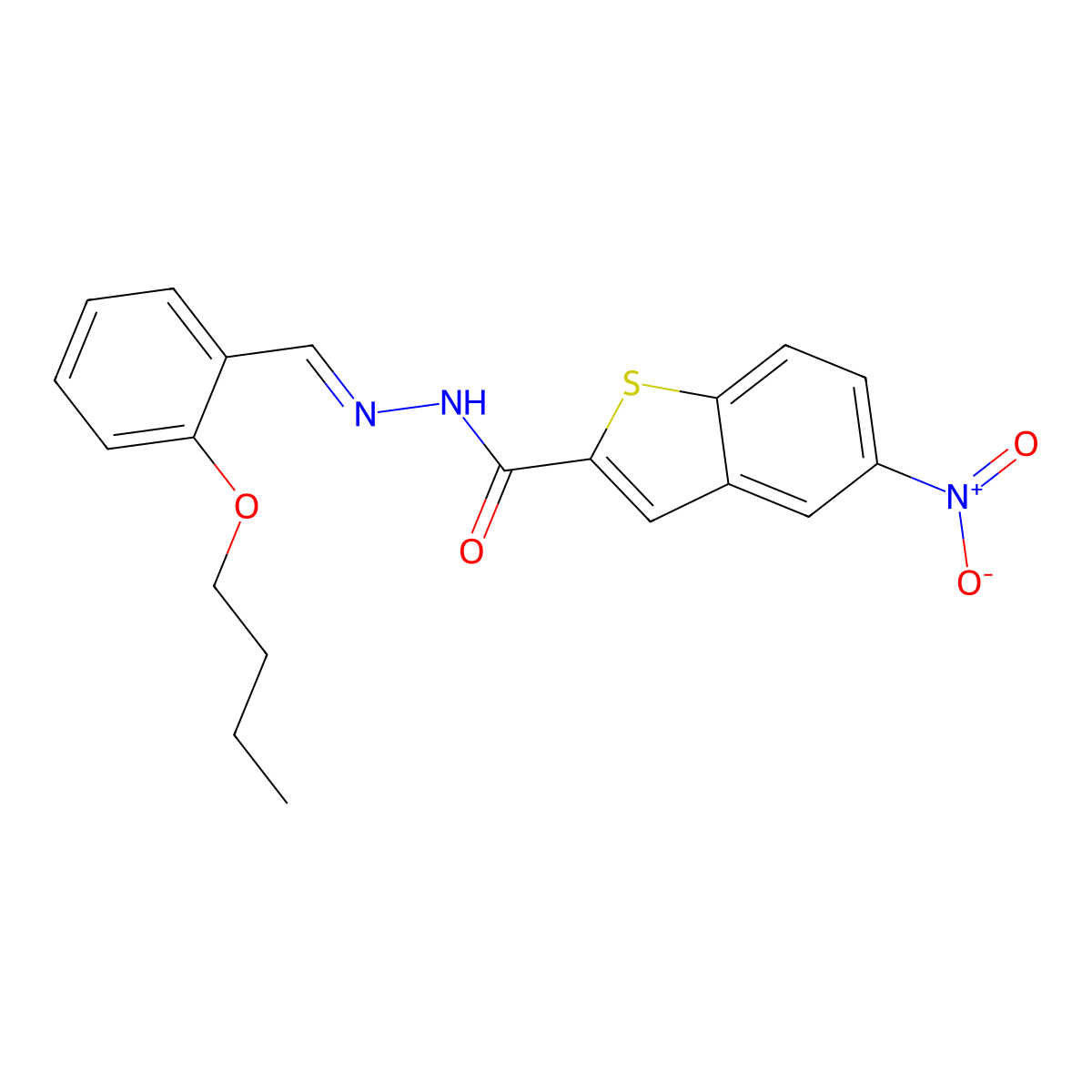 N-[(2-butoxyphenyl)methylideneamino]-5-nitro-1-benzothiophene-2-carboxamide molecular structure, CAS 591761-79-4