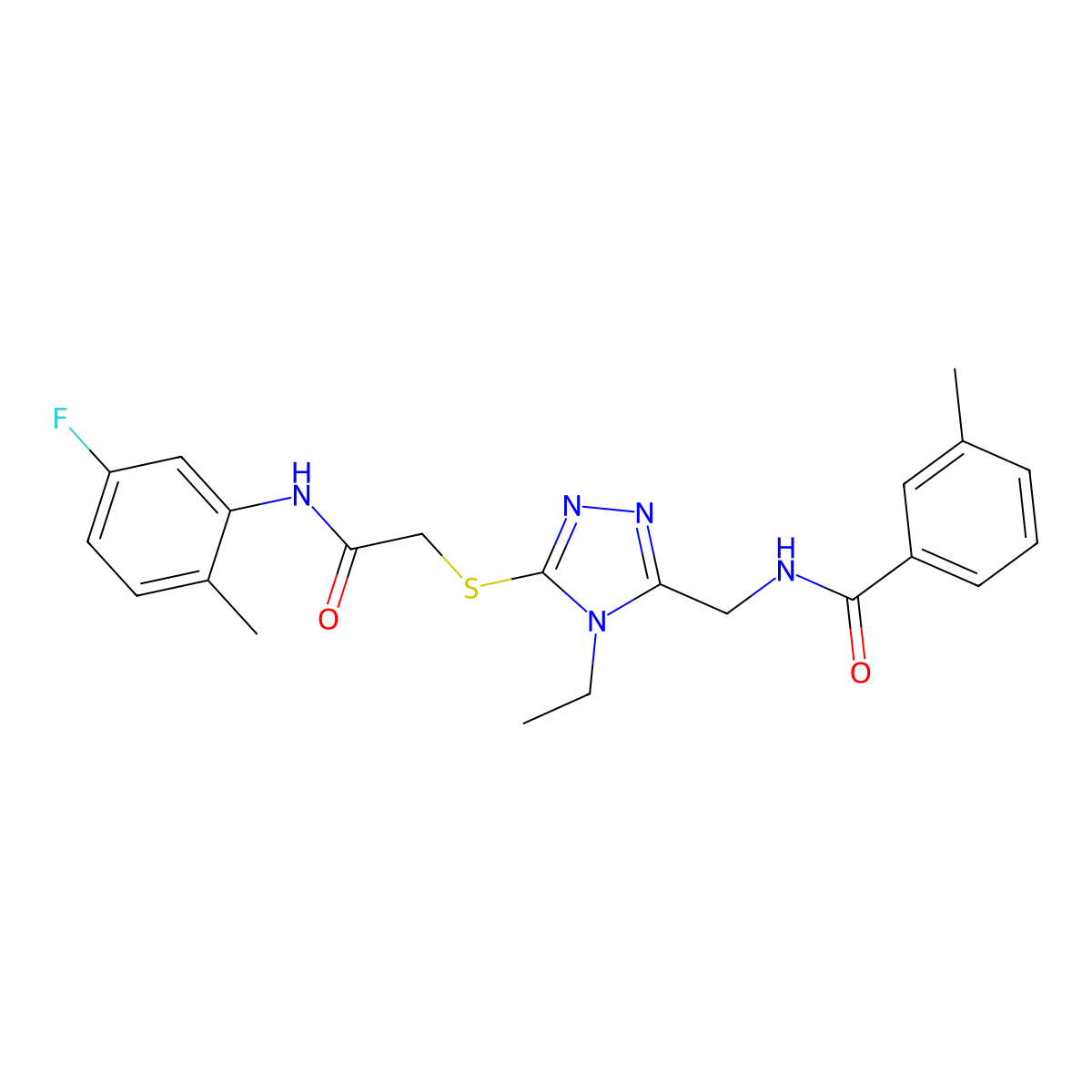 N-[[4-ethyl-5-[2-(5-fluoro-2-methylanilino)-2-oxoethyl]sulfanyl-1,2,4-triazol-3-yl]methyl]-3-methylbenzamide molecular structure, CAS 591761-84-1