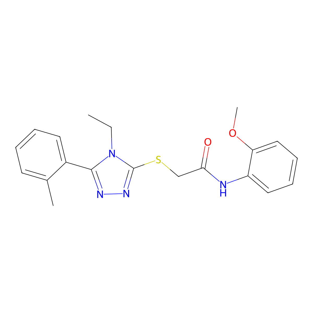 2-[[4-ethyl-5-(2-methylphenyl)-1,2,4-triazol-3-yl]sulfanyl]-N-(2-methoxyphenyl)acetamide molecular structure, CAS 591762-98-0