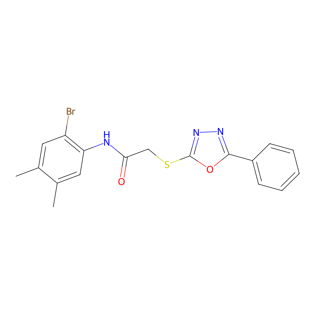 N-(2-bromo-4,5-dimethylphenyl)-2-[(5-phenyl-1,3,4-oxadiazol-2-yl)sulfanyl]acetamide molecular structure, CAS 591763-50-7