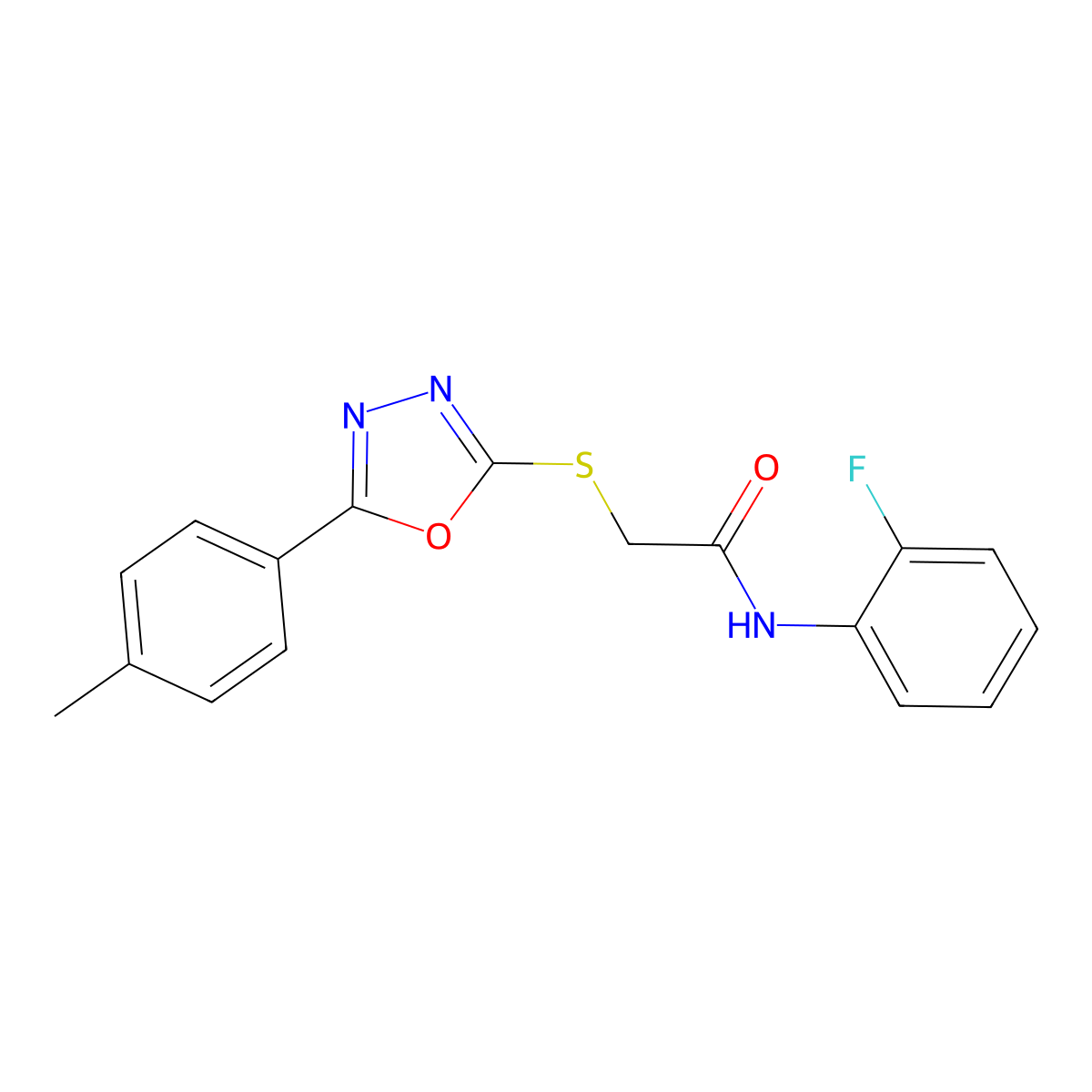 N-(2-fluorophenyl)-2-[[5-(4-methylphenyl)-1,3,4-oxadiazol-2-yl]sulfanyl]acetamide molecular structure, CAS 591763-64-3