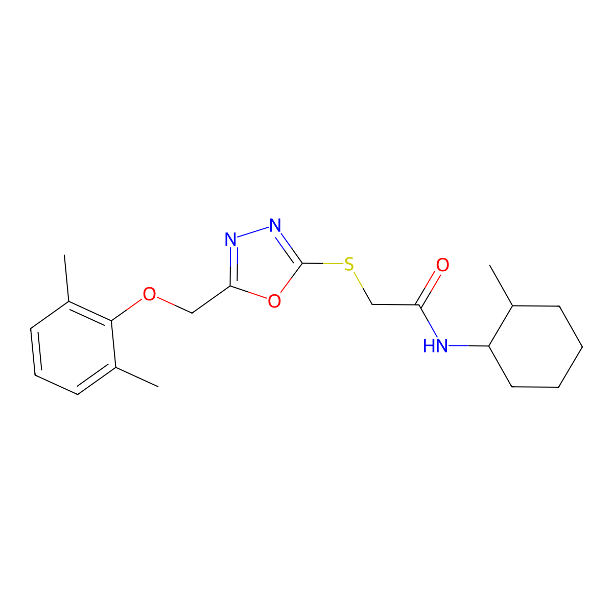 2-({5-[(2,6-dimethylphenoxy)methyl]-1,3,4-oxadiazol-2-yl}sulfanyl)-N-(2-methylcyclohexyl)acetamide molecular structure, CAS 591763-66-5