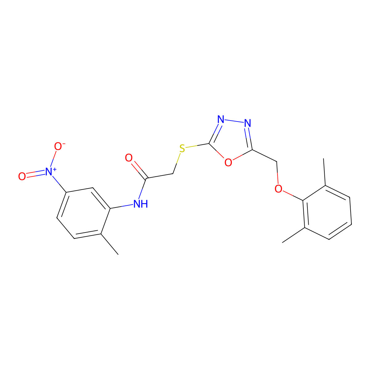 2-({5-[(2,6-dimethylphenoxy)methyl]-1,3,4-oxadiazol-2-yl}sulfanyl)-N-(2-methyl-5-nitrophenyl)acetamide molecular structure, CAS 591763-68-7