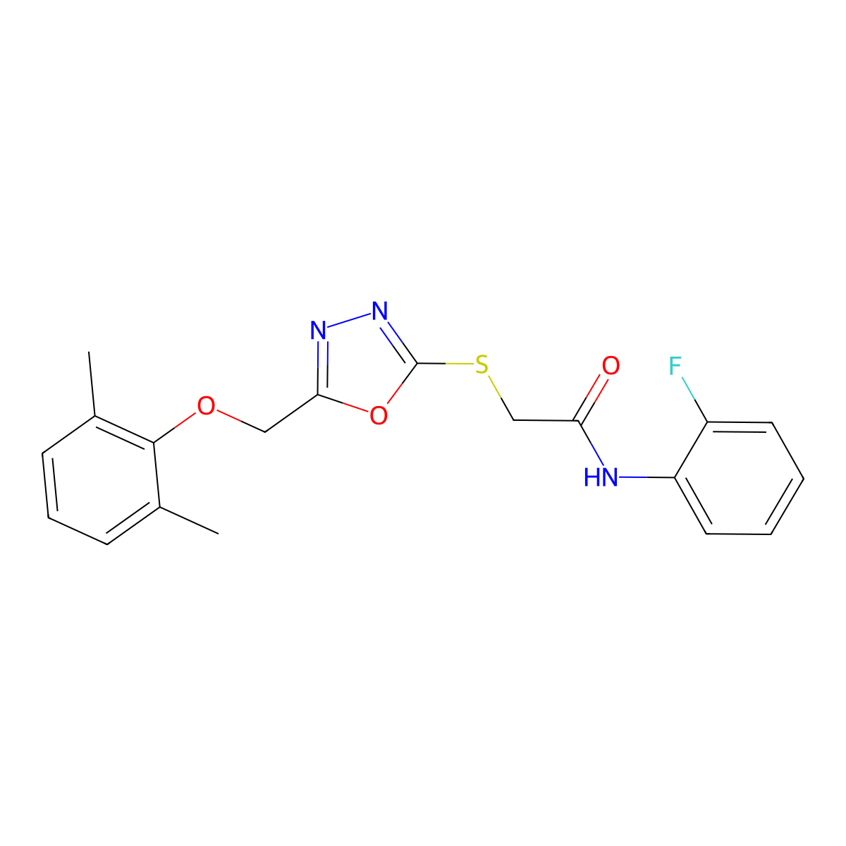2-[[5-[(2,6-dimethylphenoxy)methyl]-1,3,4-oxadiazol-2-yl]sulfanyl]-N-(2-fluorophenyl)acetamide molecular structure, CAS 591764-10-2