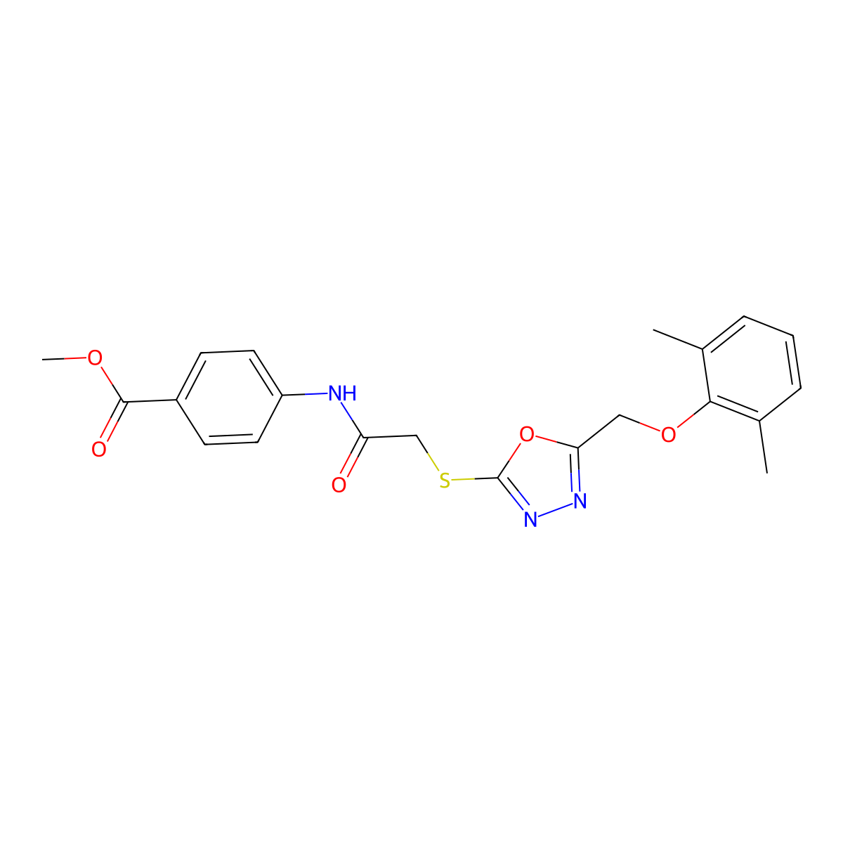 Methyl 4-{[({5-[(2,6-dimethylphenoxy)methyl]-1,3,4-oxadiazol-2-yl}sulfanyl)acetyl]amino}benzoate molecular structure, CAS 591764-11-3
