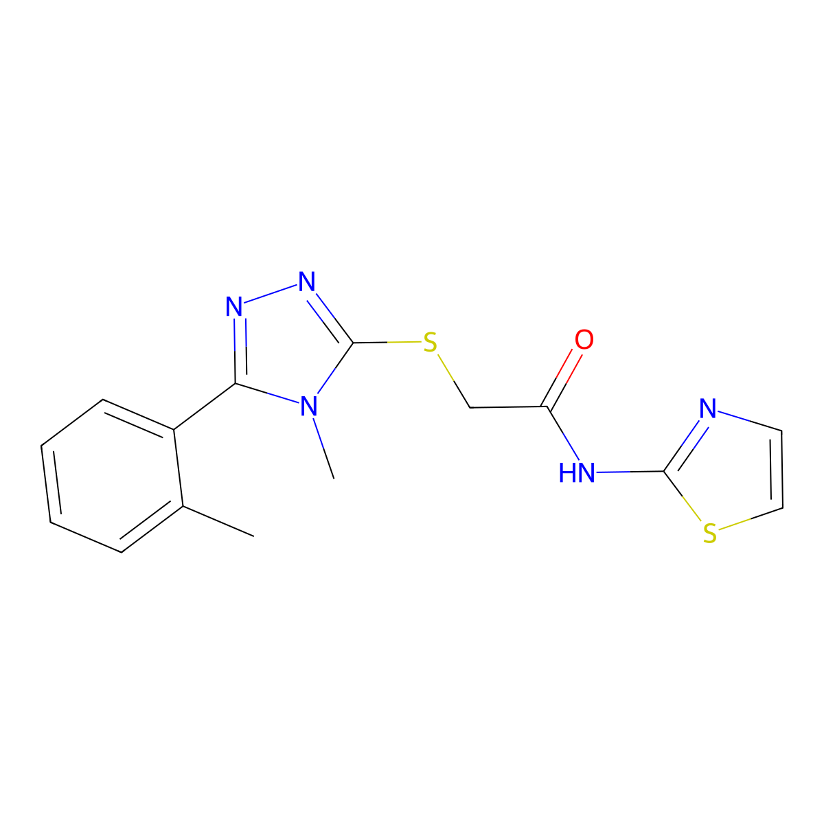 2-{[4-methyl-5-(2-methylphenyl)-4H-1,2,4-triazol-3-yl]sulfanyl}-N-(1,3-thiazol-2-yl)acetamide molecular structure, CAS 591764-24-8