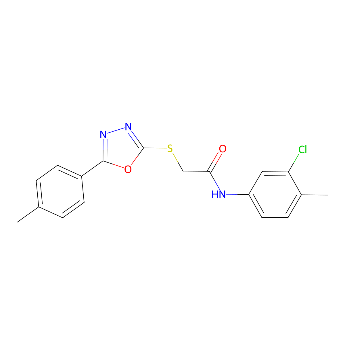 N-(3-chloro-4-methylphenyl)-2-[[5-(4-methylphenyl)-1,3,4-oxadiazol-2-yl]sulfanyl]acetamide molecular structure, CAS 591764-36-2