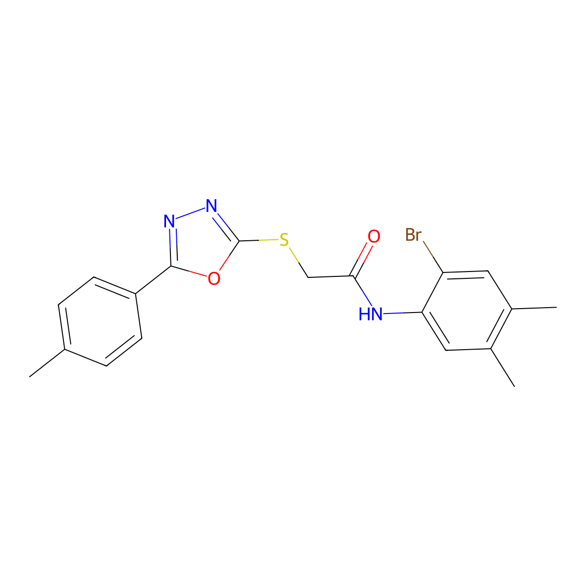 N-(2-bromo-4,5-dimethylphenyl)-2-[[5-(4-methylphenyl)-1,3,4-oxadiazol-2-yl]sulfanyl]acetamide molecular structure, CAS 591764-37-3