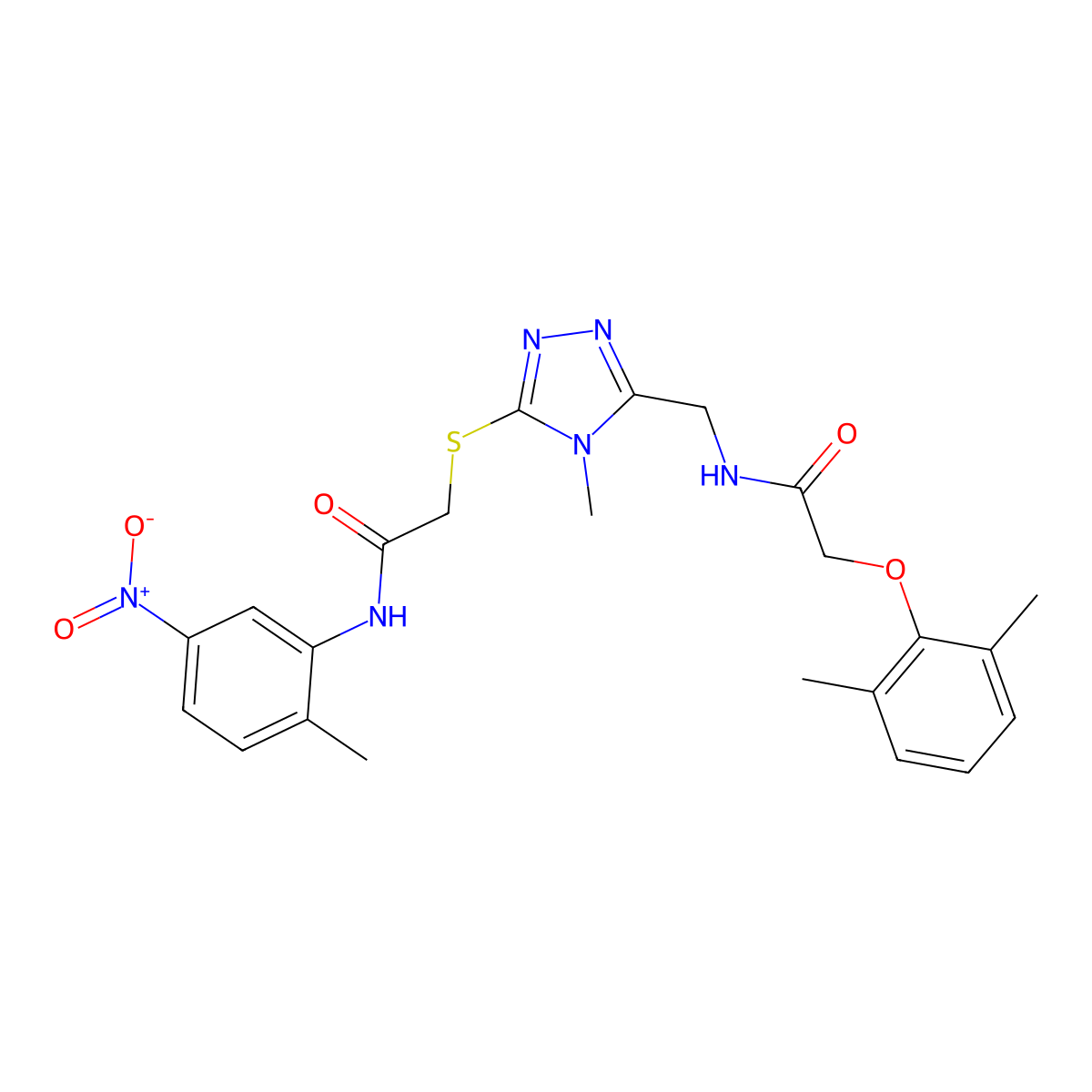 2-(2,6-dimethylphenoxy)-N-[[4-methyl-5-[2-(2-methyl-5-nitroanilino)-2-oxoethyl]sulfanyl-1,2,4-triazol-3-yl]methyl]acetamide molecular structure, CAS 591764-86-2