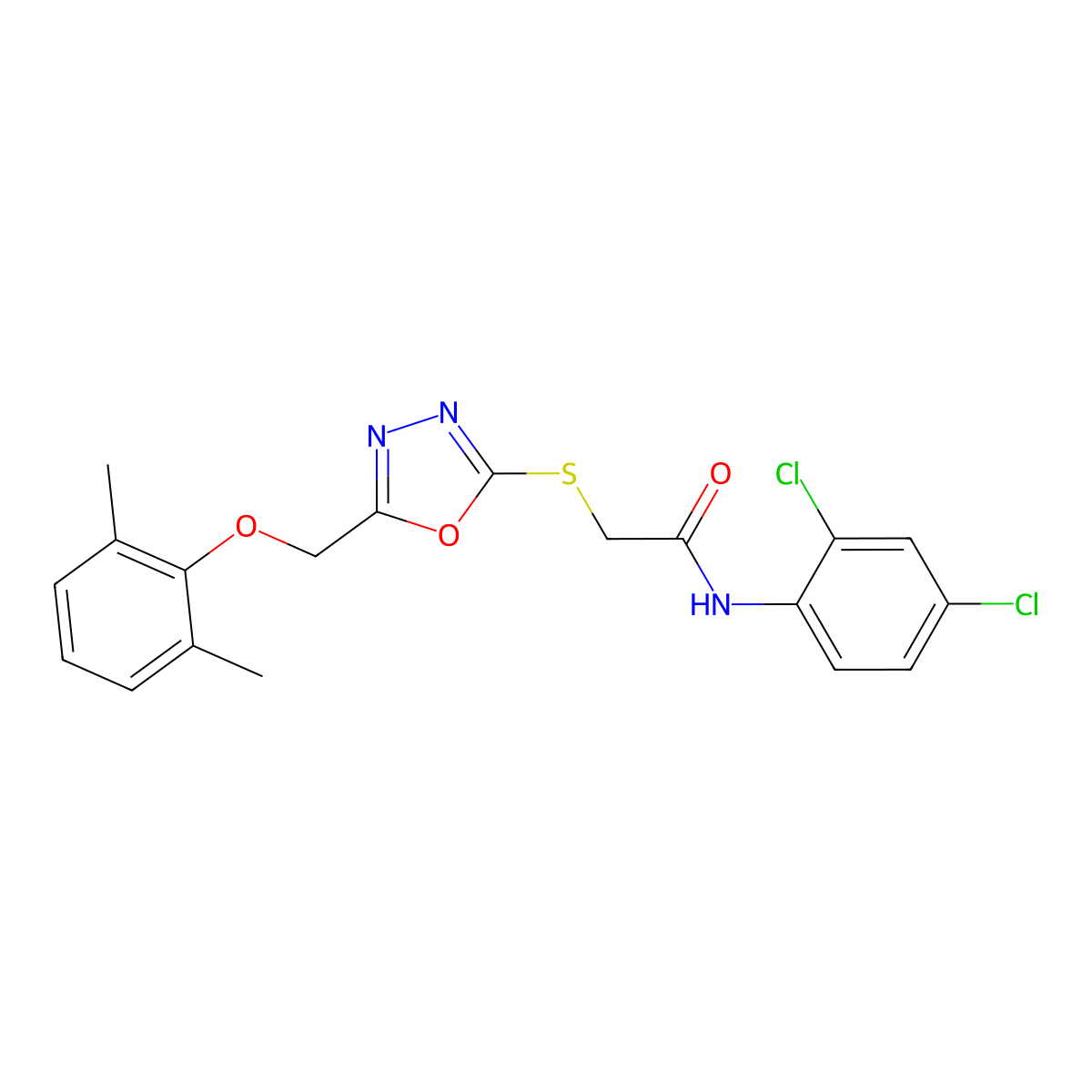 N-(2,4-dichlorophenyl)-2-[[5-[(2,6-dimethylphenoxy)methyl]-1,3,4-oxadiazol-2-yl]sulfanyl]acetamide molecular structure, CAS 591764-97-5