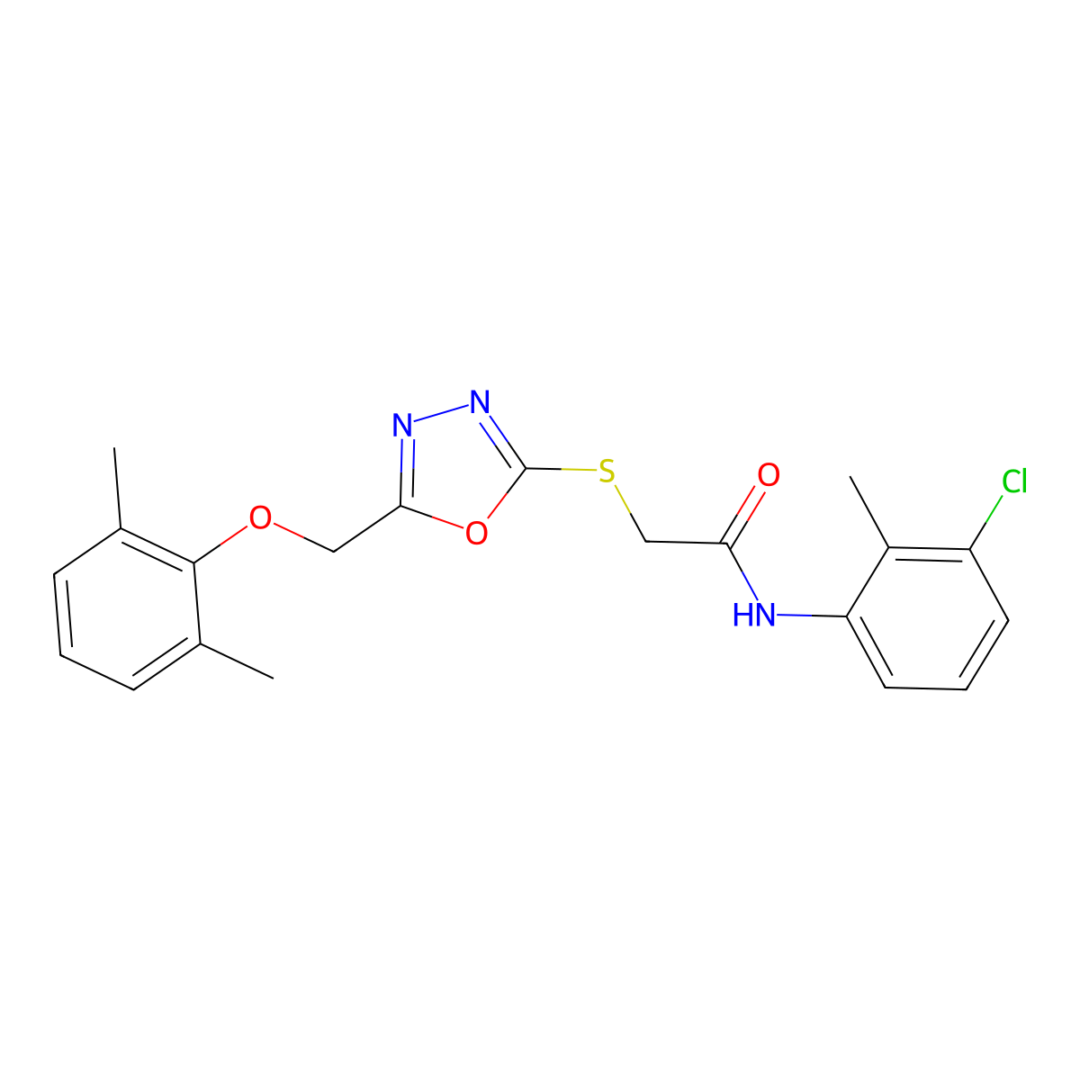 N-(3-chloro-2-methylphenyl)-2-({5-[(2,6-dimethylphenoxy)methyl]-1,3,4-oxadiazol-2-yl}sulfanyl)acetamide molecular structure, CAS 591764-98-6