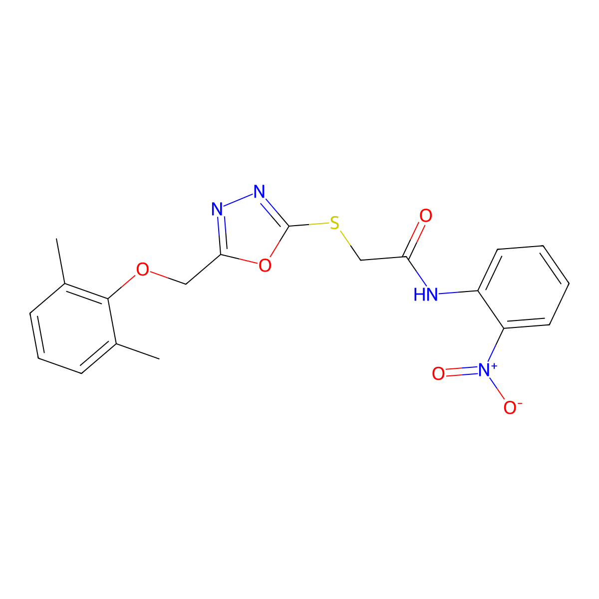 2-({5-[(2,6-dimethylphenoxy)methyl]-1,3,4-oxadiazol-2-yl}sulfanyl)-N-(2-nitrophenyl)acetamide molecular structure, CAS 591764-99-7
