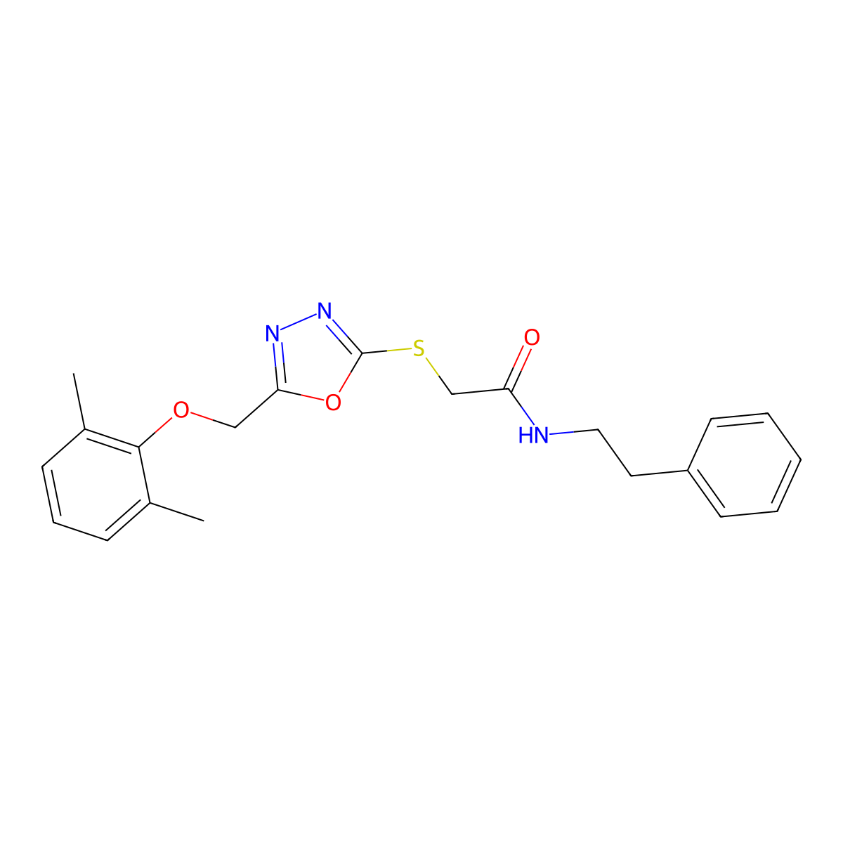 2-({5-[(2,6-dimethylphenoxy)methyl]-1,3,4-oxadiazol-2-yl}sulfanyl)-N-(2-phenylethyl)acetamide molecular structure, CAS 591765-02-5