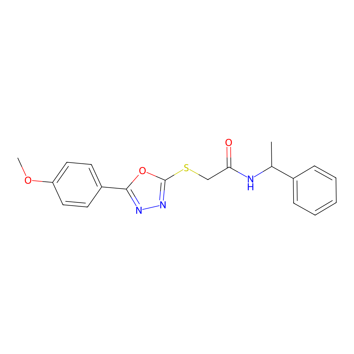 2-[[5-(4-methoxyphenyl)-1,3,4-oxadiazol-2-yl]sulfanyl]-N-(1-phenylethyl)acetamide molecular structure, CAS 591765-09-2